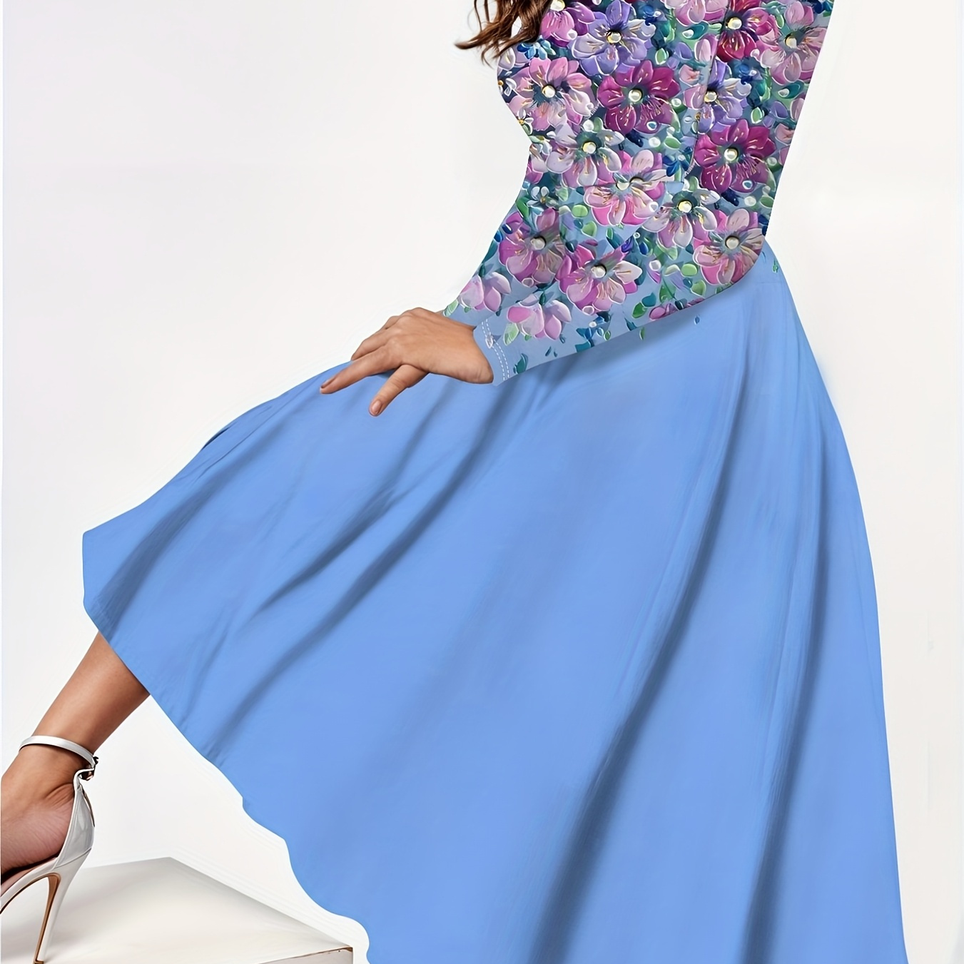 

Elegant Floral Long Sleeve A-line Dress - Round Neck, Stretchy Polyester , Machine Washable - Events - Light Blue With Purple/pink Flowers