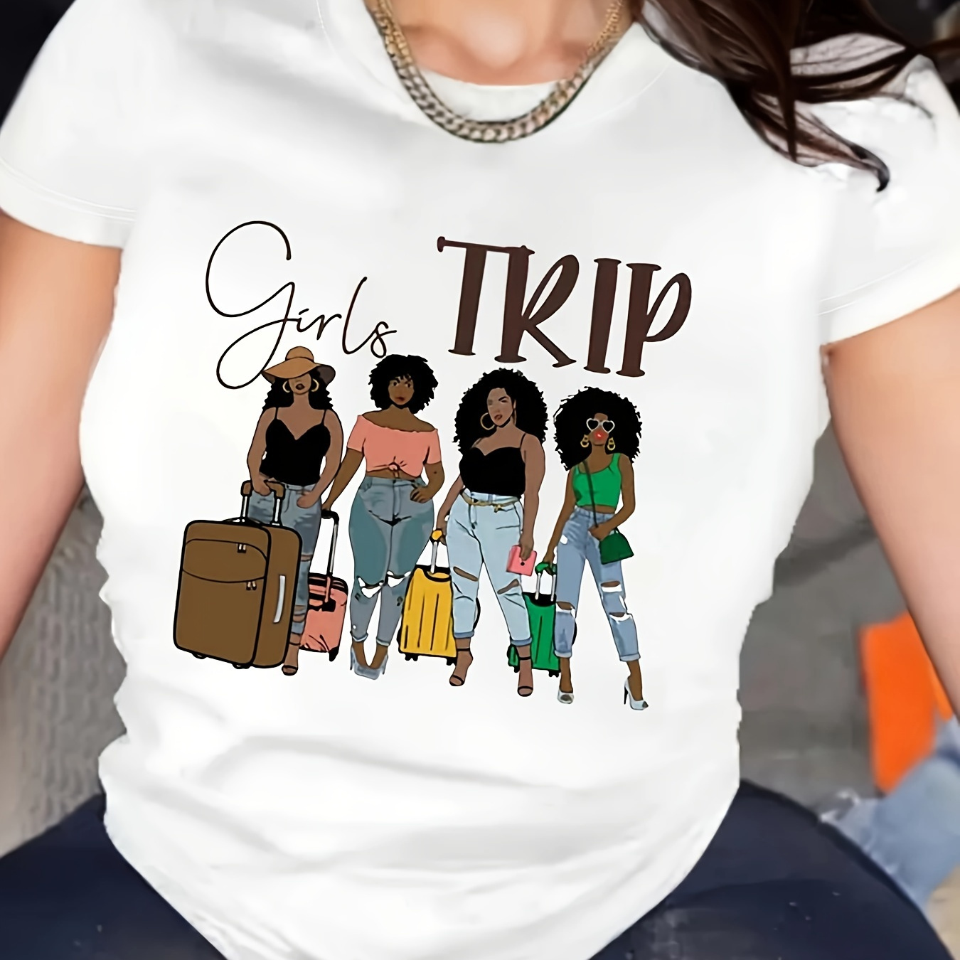 

Girl's Trip T-shirt Col Rond, Haut à Manches Courtes Décontracté Pour et l'Été, Vêtements pour Femmes