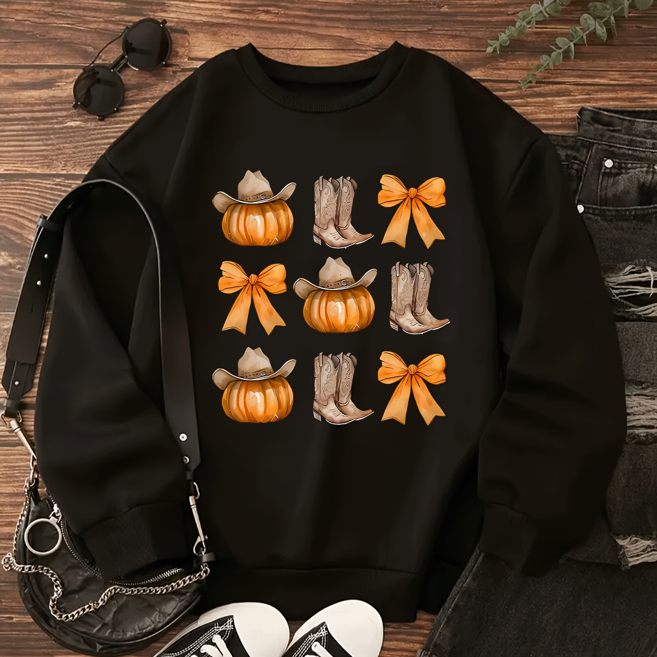 

Women's Vintage Polyester Sweatshirt | 100% Polyester Cartoon Pumpkin Boots Bow Print | All-season Crew Neck Pullover With Slight Stretch | Comfortable Breathable Casual Activewear Top