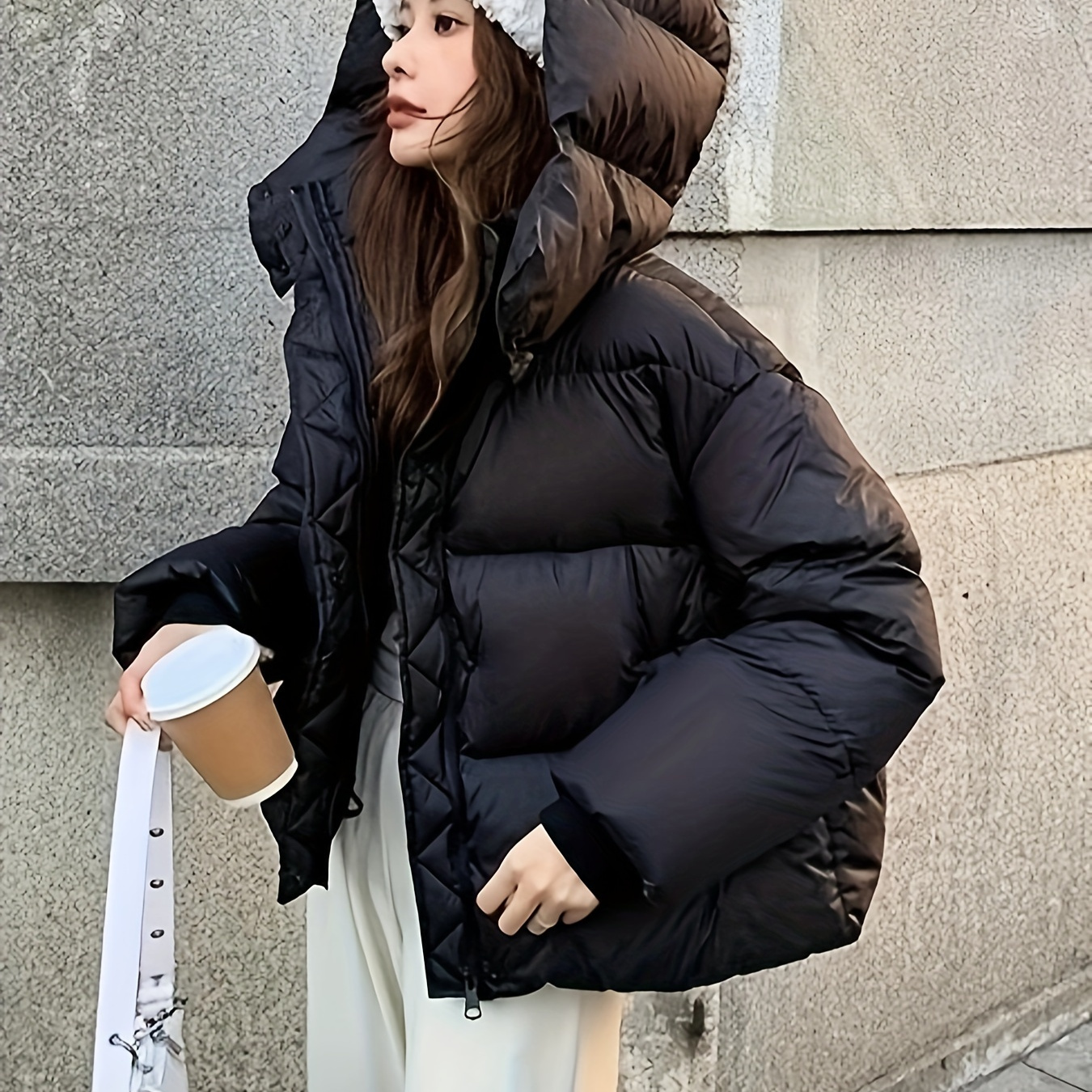 

1pc Women's Hooded Winter Coat, Loose Fit Solid Color Puffer Jacket With Pockets, 100% Polyester Non-stretch Fabric, Regular Length And Long Sleeve Design