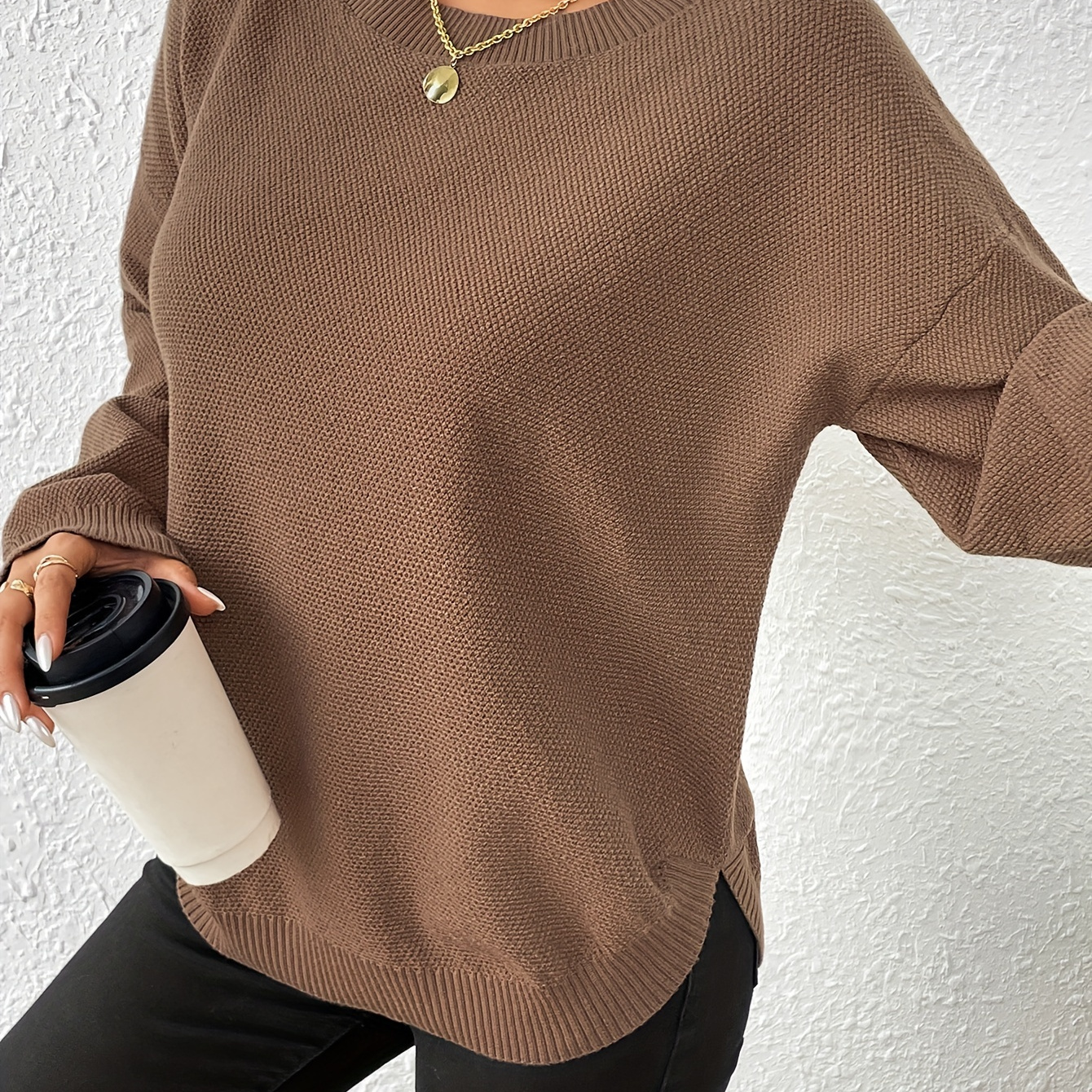 

Luxury, Elegant Coffee-colored Knit Sweater For Women - Long Sleeve, Crew Neck With Side Slit Detail, Soft Viscose