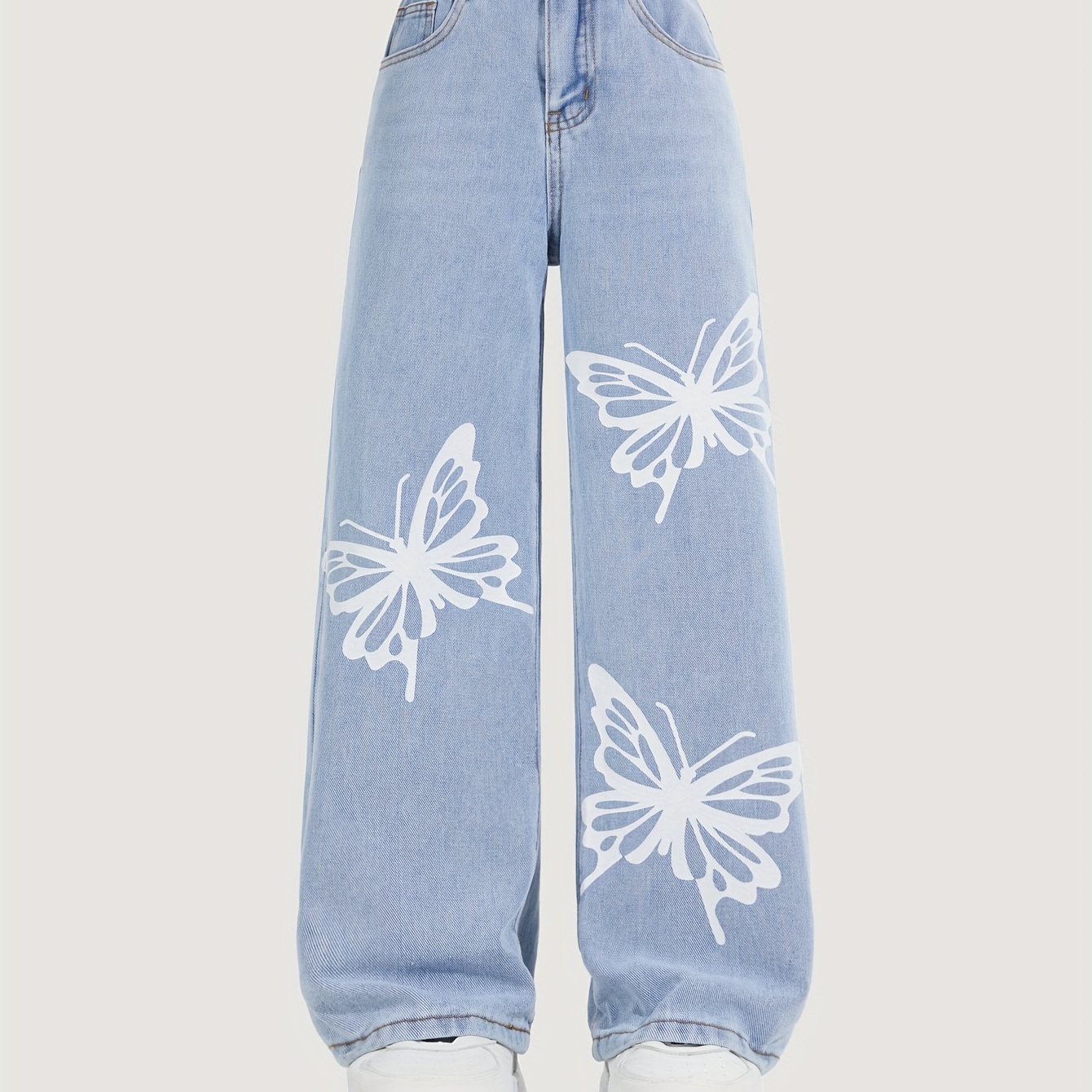 

Girls High-waisted Wide-leg Denim Jeans With Butterfly Print, Fashion, Casual Pants