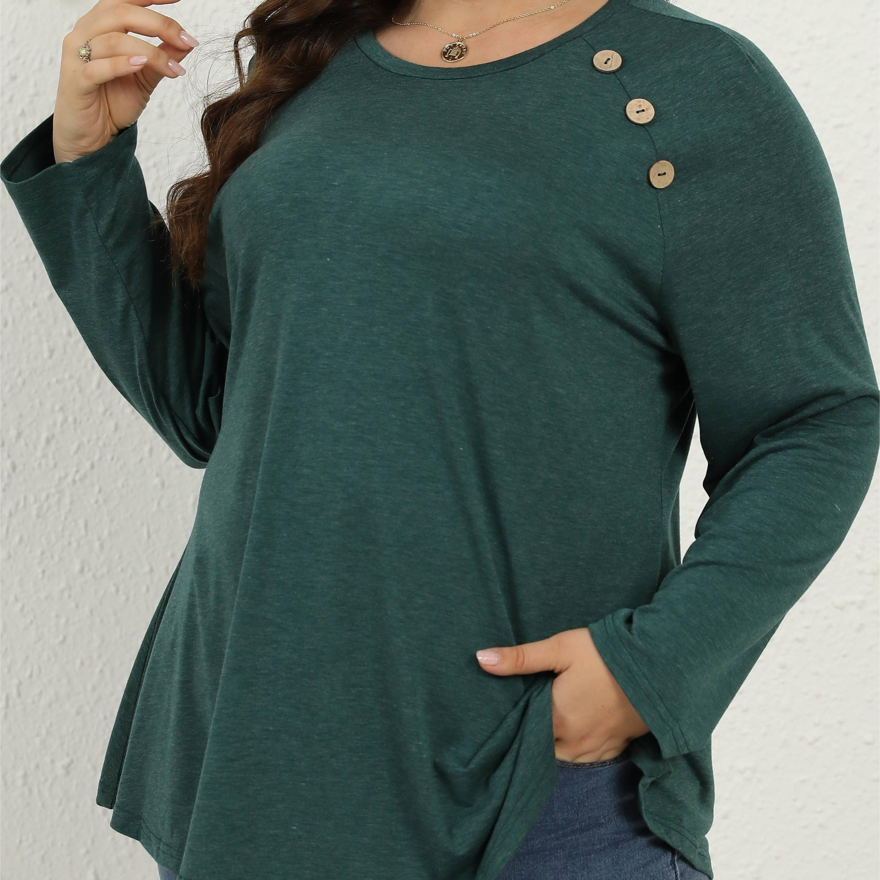

Plus Size Casual T-shirt, Women's Plus Solid Button Decor Long Sleeve Round Neck Medium Stretch Top