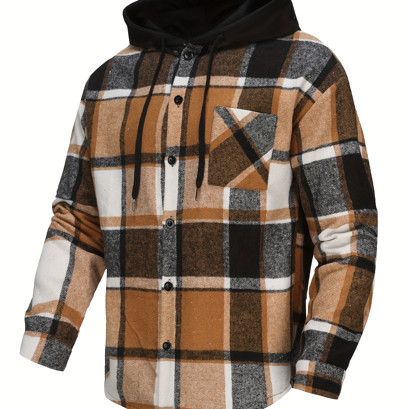

Plaid Pattern Men's Color Block Stylish Long Sleeve Hooded Shirt With Chest Pocket For Fall Winter Outdoor Activity
