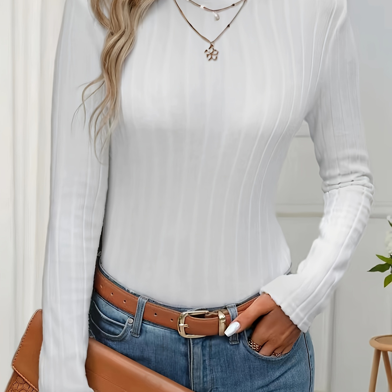 

Solid Ribbed Mock Neck T-shirt, Elegant Long Sleeve Top For Spring & Fall, Women's Clothing