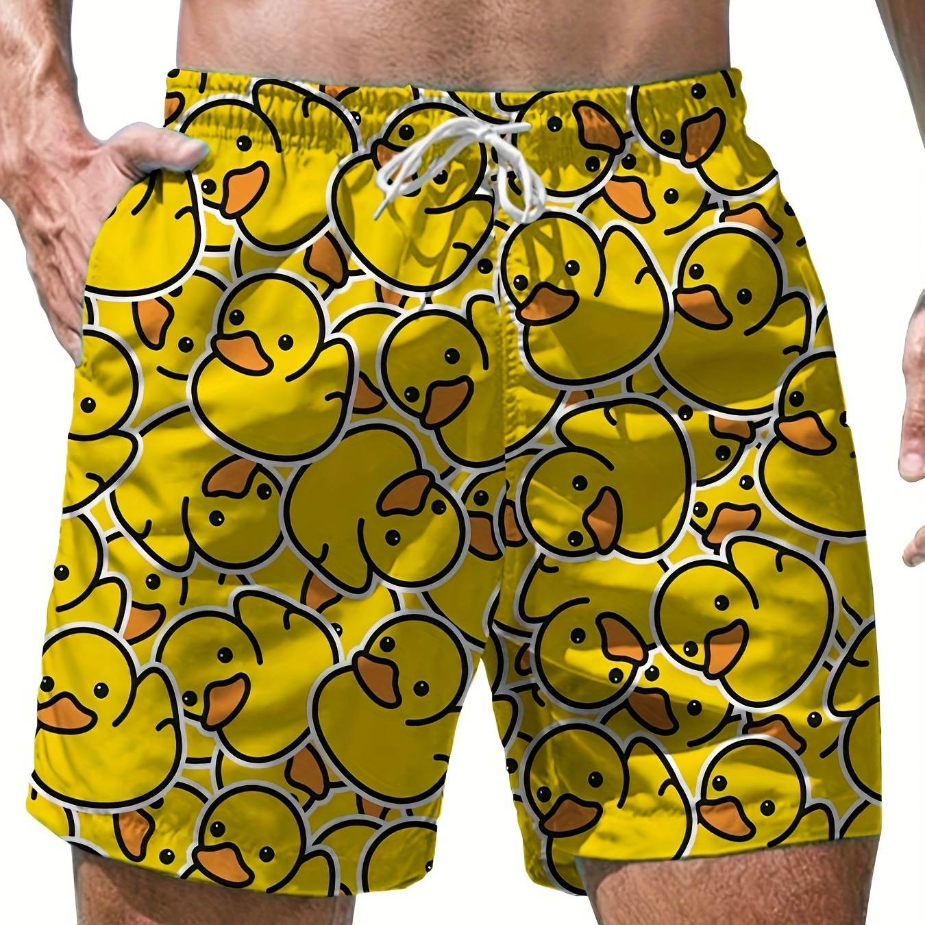 

Men's Cartoon Style Yellow Rubber Duck Pattern Print Shorts With Drawstring And Dual Front Pockets, Casual And Stylish Shorts Suitable For Summer Leisurewear