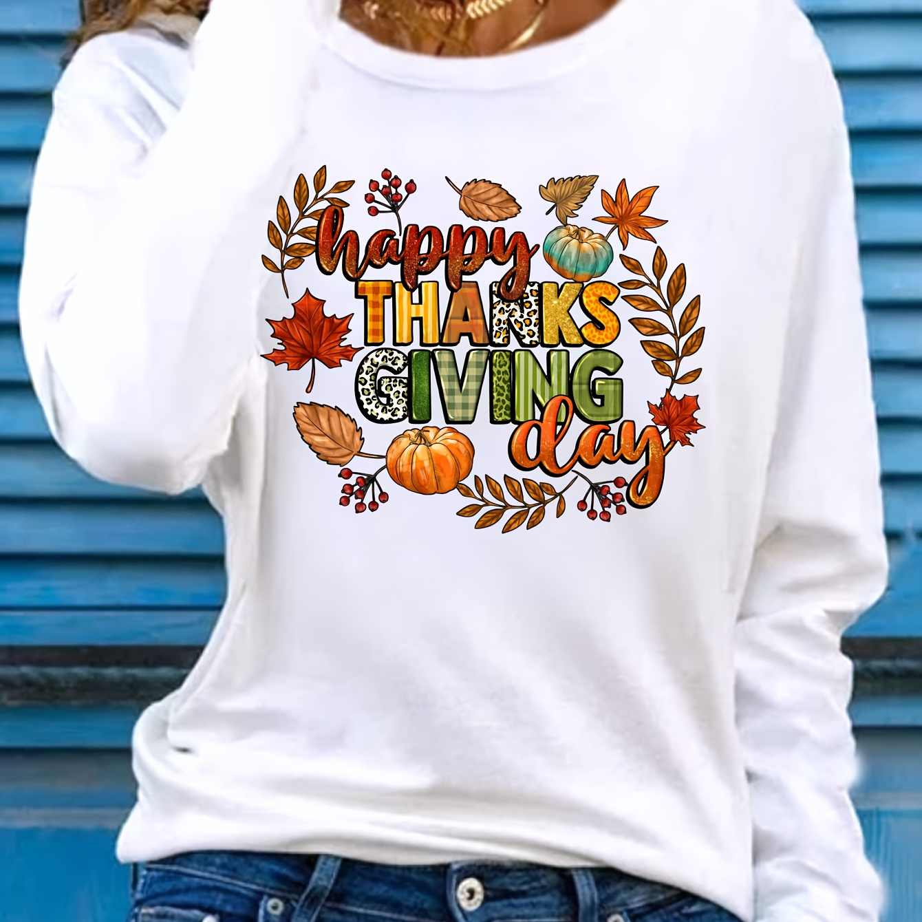 

Thanksgiving Alphabet Print Long Sleeve T-shirt - 100% Polyester, Casual Crew Neck, Regular Length, Knit Fabric, Fall/ - Graphic Tee