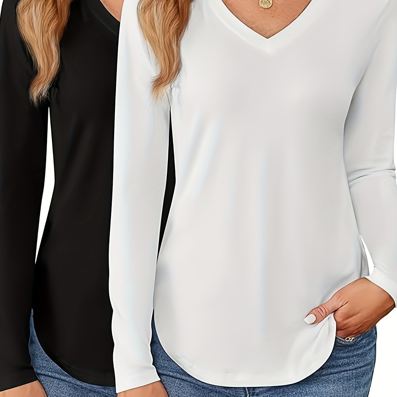 

2pcs T-Shirts à Col V pour Femmes à Manches Longues - Décontracté, Mélange de Polyester Extensible, Lavable en Machine - pour /Hiver