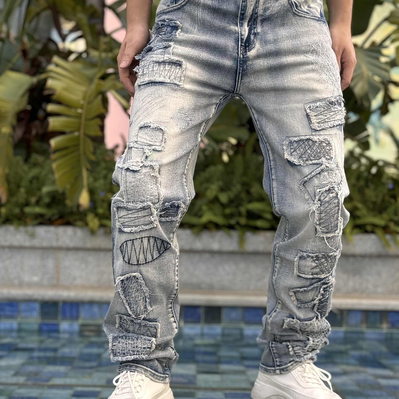 

1pc Men' Style Cotton Jeans, Regular Fit, Embroidered Patchwork, Ripped Design, Denim With Trendy And 3d Crease Wash