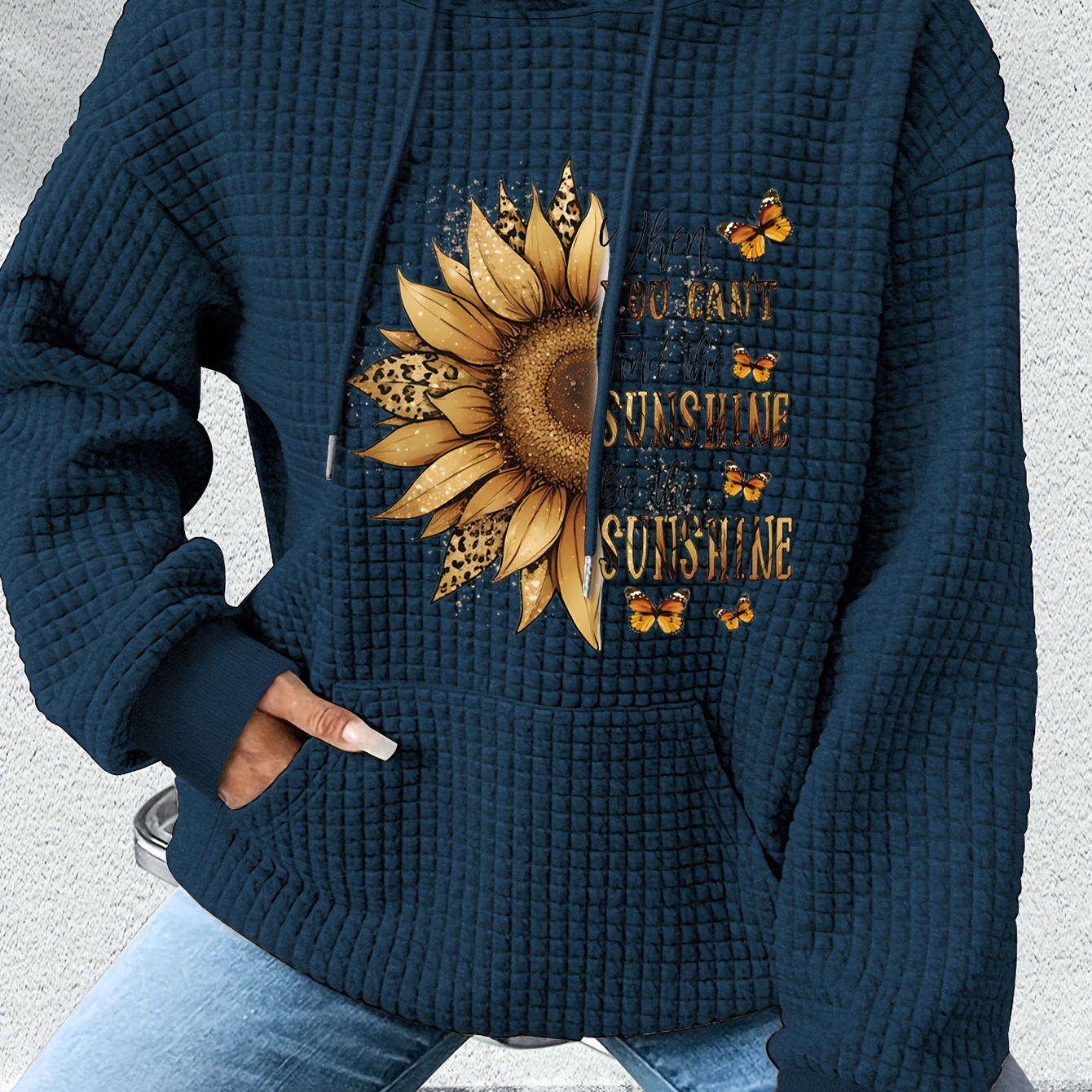 

Women's Casual Waffle-knit Hoodie With Sunflower & Letter Print - Cozy Long Sleeve Pullover, Machine Washable, , Hoodie, Drawstring, Women's Clothing