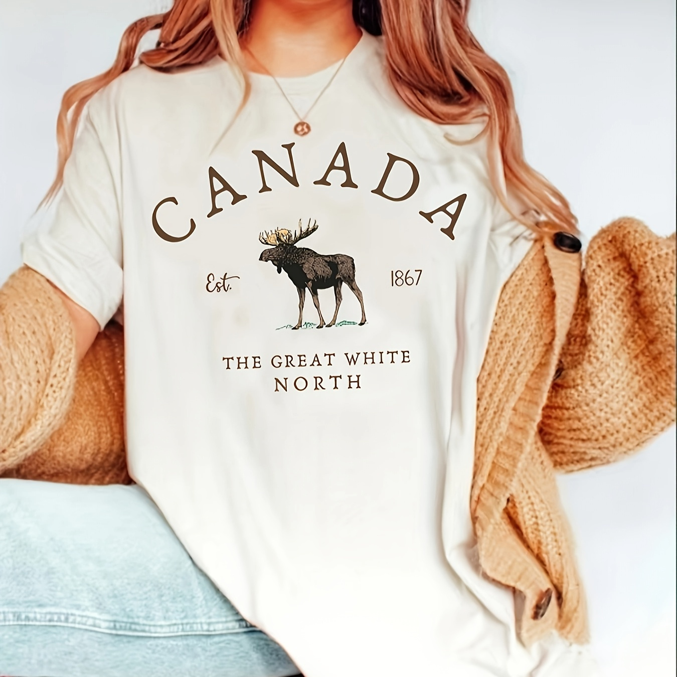 

1pc Canada 1867 Deer Graphic T-shirt, Casual Crew Neck Polyester Knit Fabric Tee, Regular Length Animal Pattern Top For All