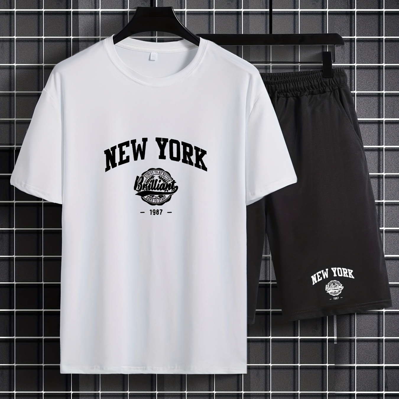 

Men's "new York" Print Graphic T-shirt Shorts Set For Summer, Trendy Comfy 2pcs Outfits, Plus Size