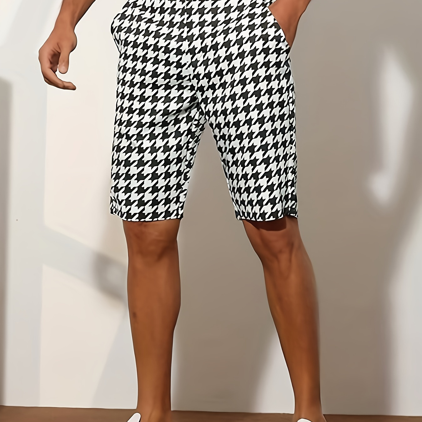 

Men's Houndstooth Graphic Print Shorts With Pockets, Casual Shorts For Summer