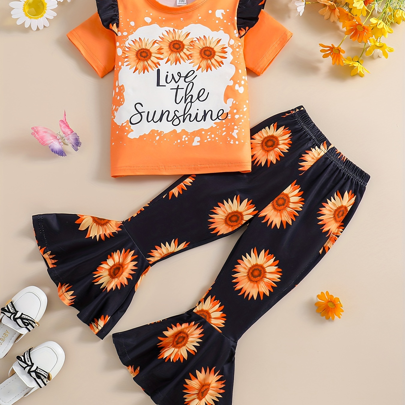 

Girls Casual 2pcs Splicing Sunflower Graphic Flutter Trim Short Sleeve T-shirt Top + Flare Pants Set For Summer