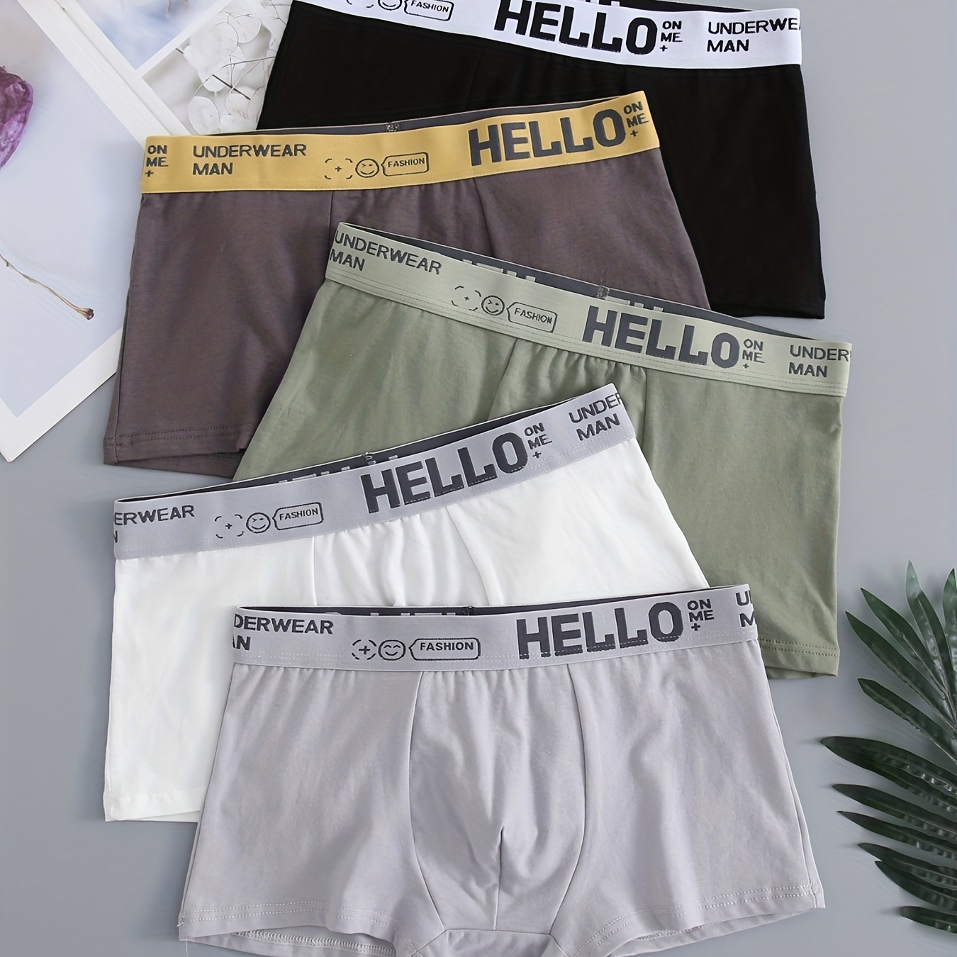 

5pcs Men's Simple Cotton Boxer Briefs With Letter Print Waistband Comfortable Solid Color Underwear Underpants
