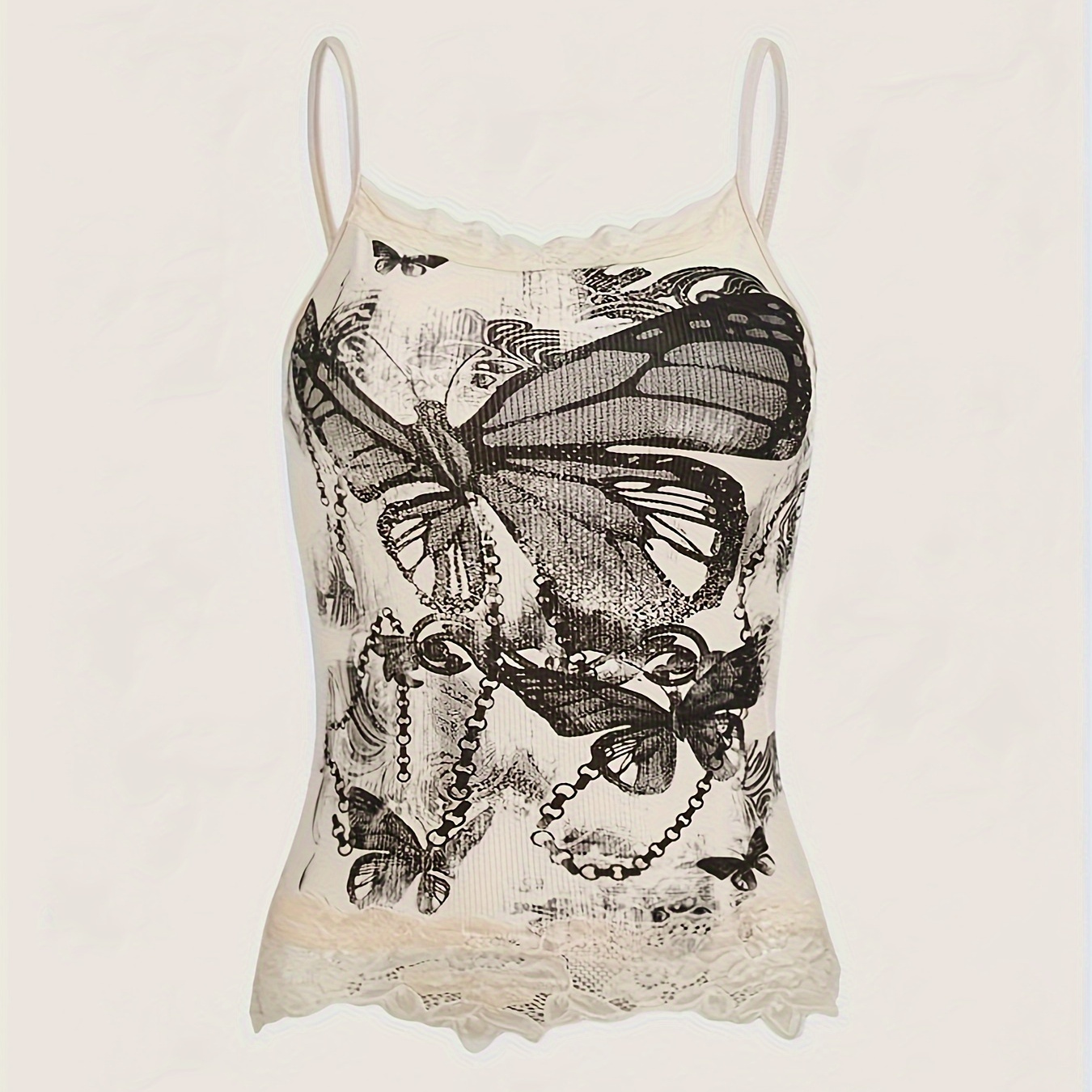 

Butterfly Print Lace Trim Cami Top, Y2k Sleeveless Top For Spring & Summer, Women's Clothing
