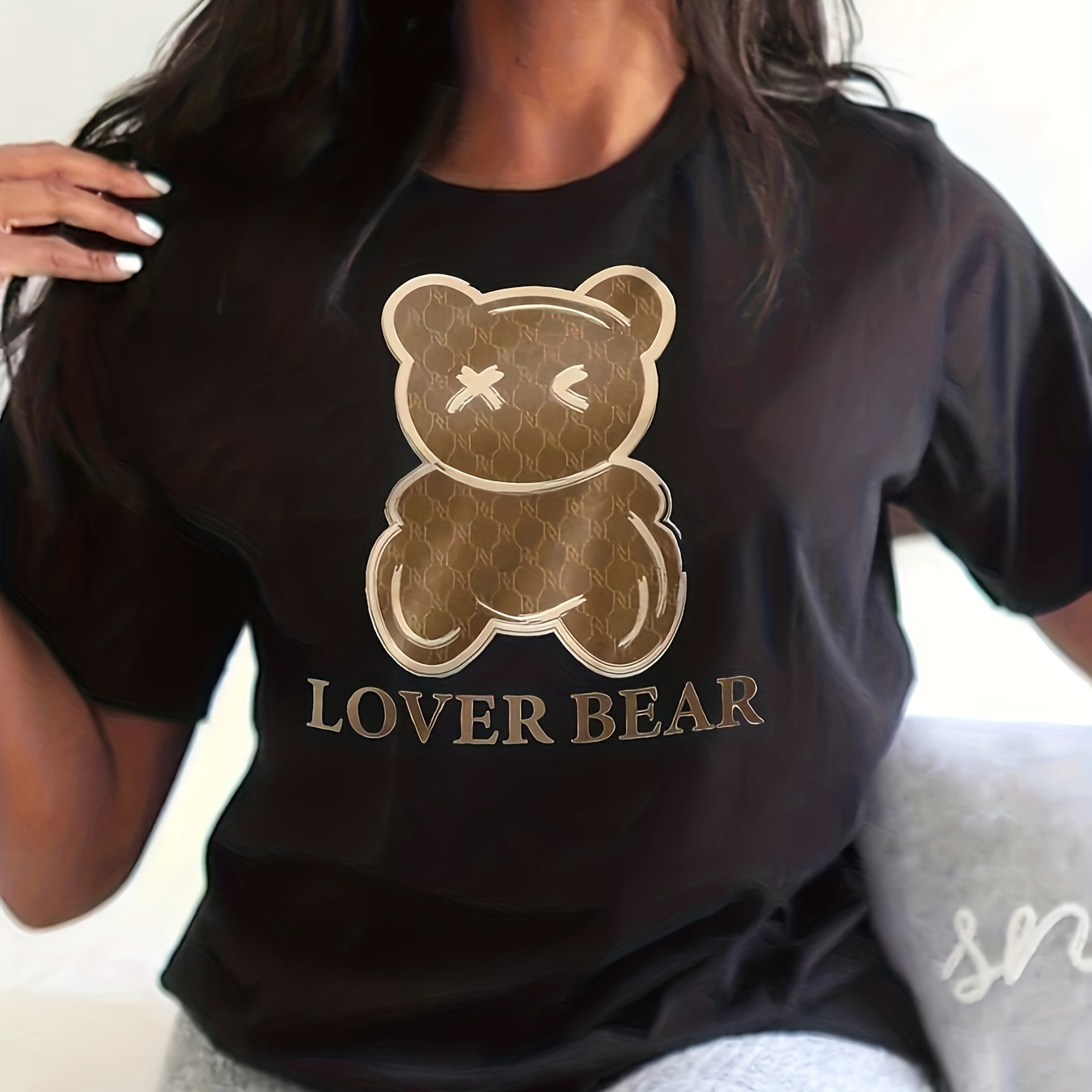 

Lover Bear Print T-shirt, Short Sleeve Crew Neck Casual Top For Summer & Spring, Women's Clothing