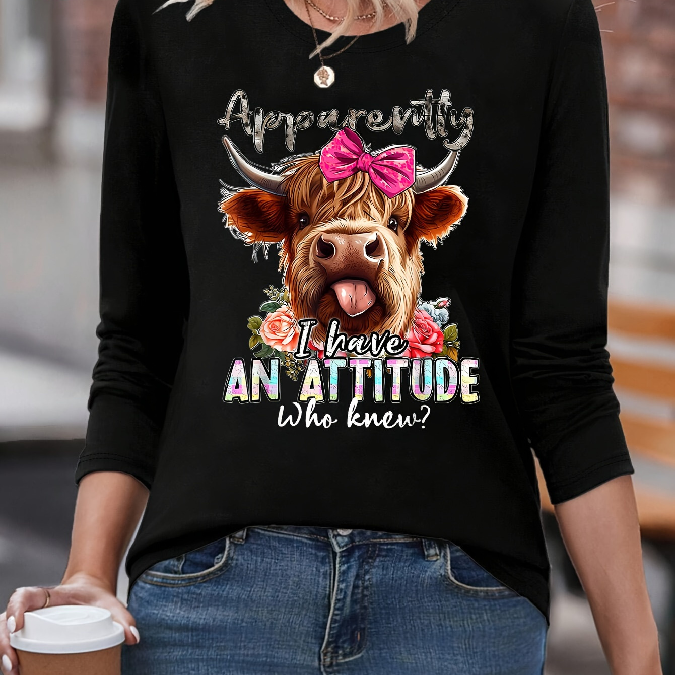 

Chic Highland Cow Print Long Sleeve T-shirt - Crew Neck, Casual Cotton Top For Women, Spring & Fall