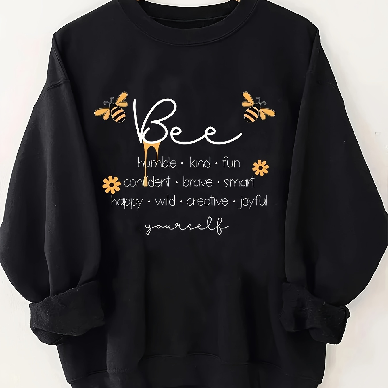 

Bee Print Long Sleeve Sweatshirt, Crew Neck Casual Sweatshirt For Fall & Winter, Women's Clothing