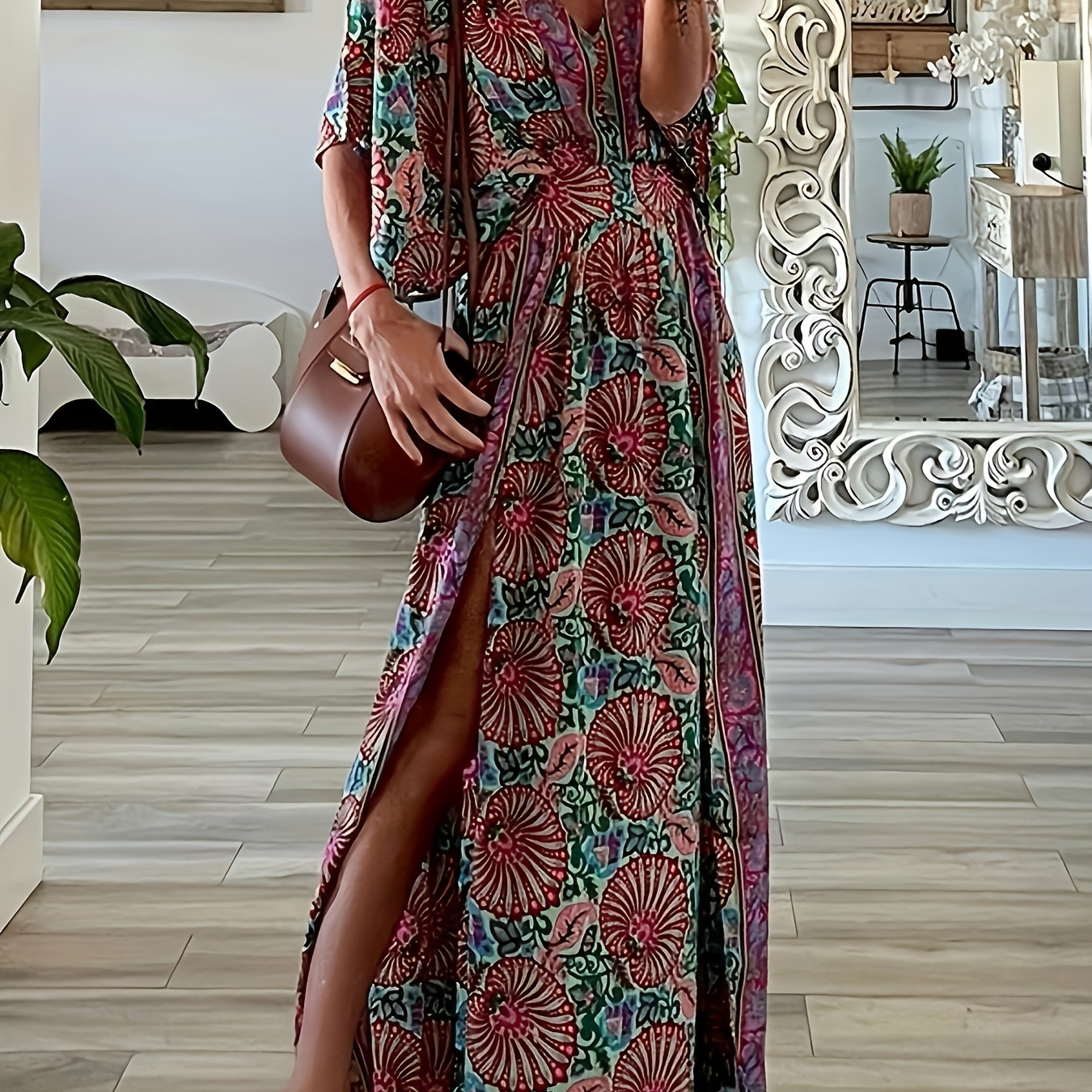 

Boho Style Floral Print V-neck Vacation Dress, Elegant Batwing Sleeve Split Hem Maxi Dress For Vacation, Women's Clothing