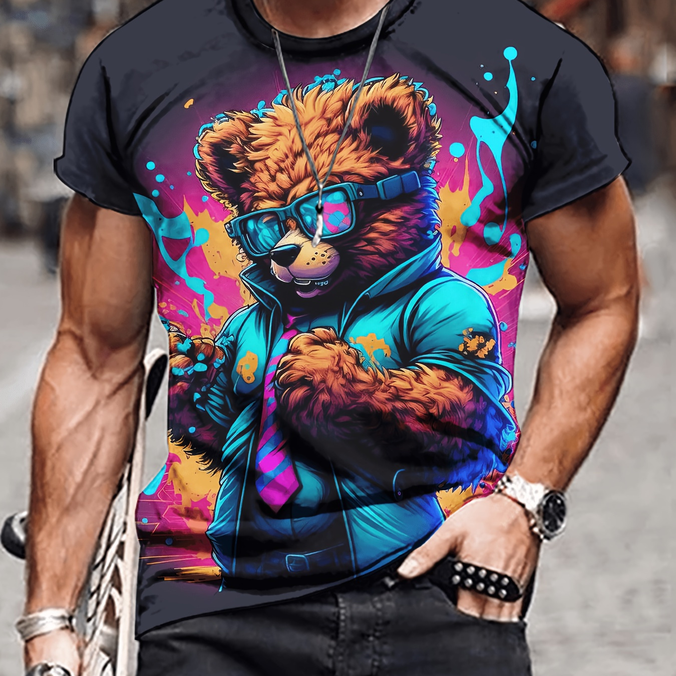 

Men's Bear Print T-shirt, Casual Short Sleeve Crew Neck Tee, Men's Clothing For Outdoor