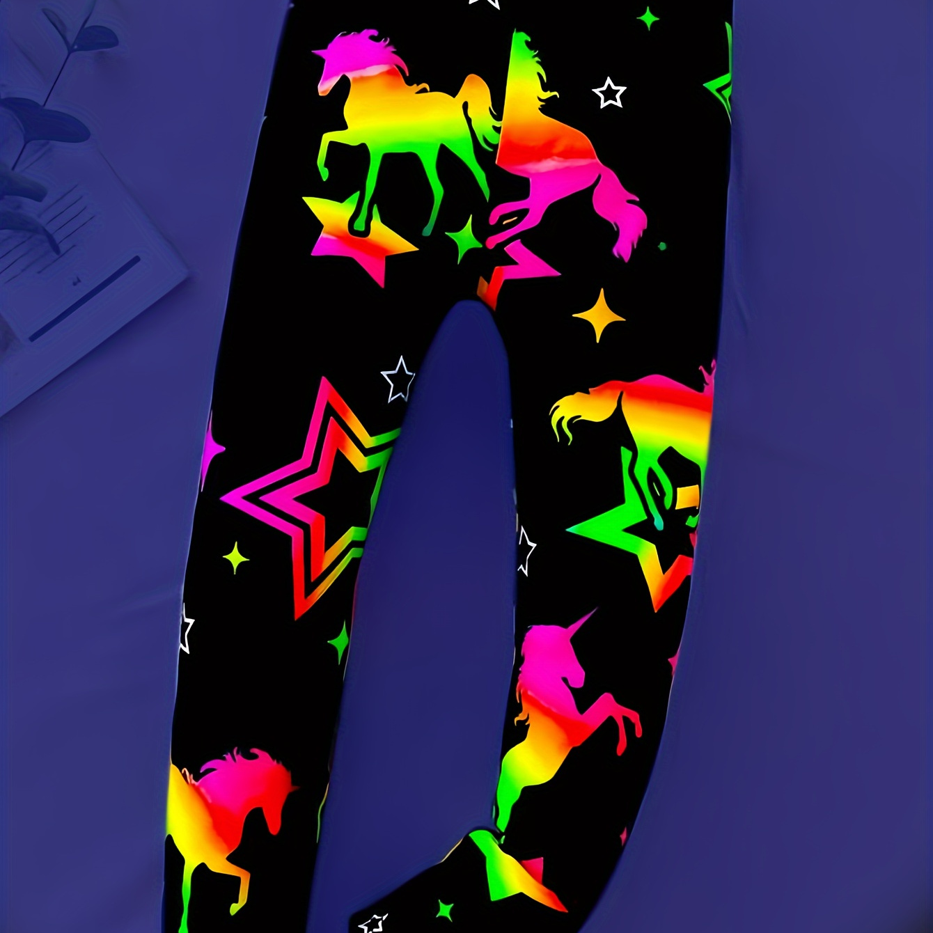 

Girls Slim & Fit Cartoon Unicorn & Stars Pattern Print Reflective Leggings For Spring & Summer