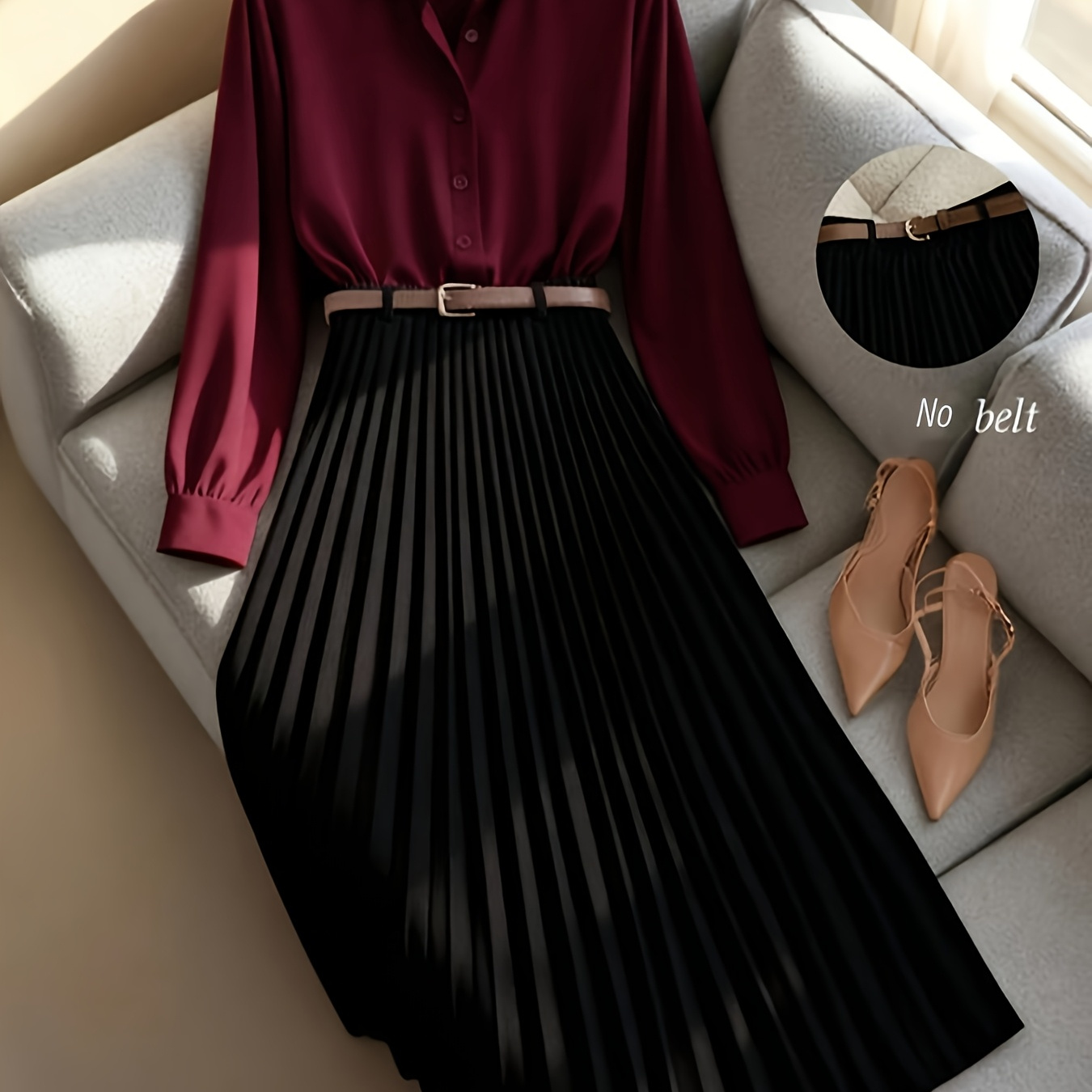 Burgundy Blouse + Black Pleated Skirt Set with Belt