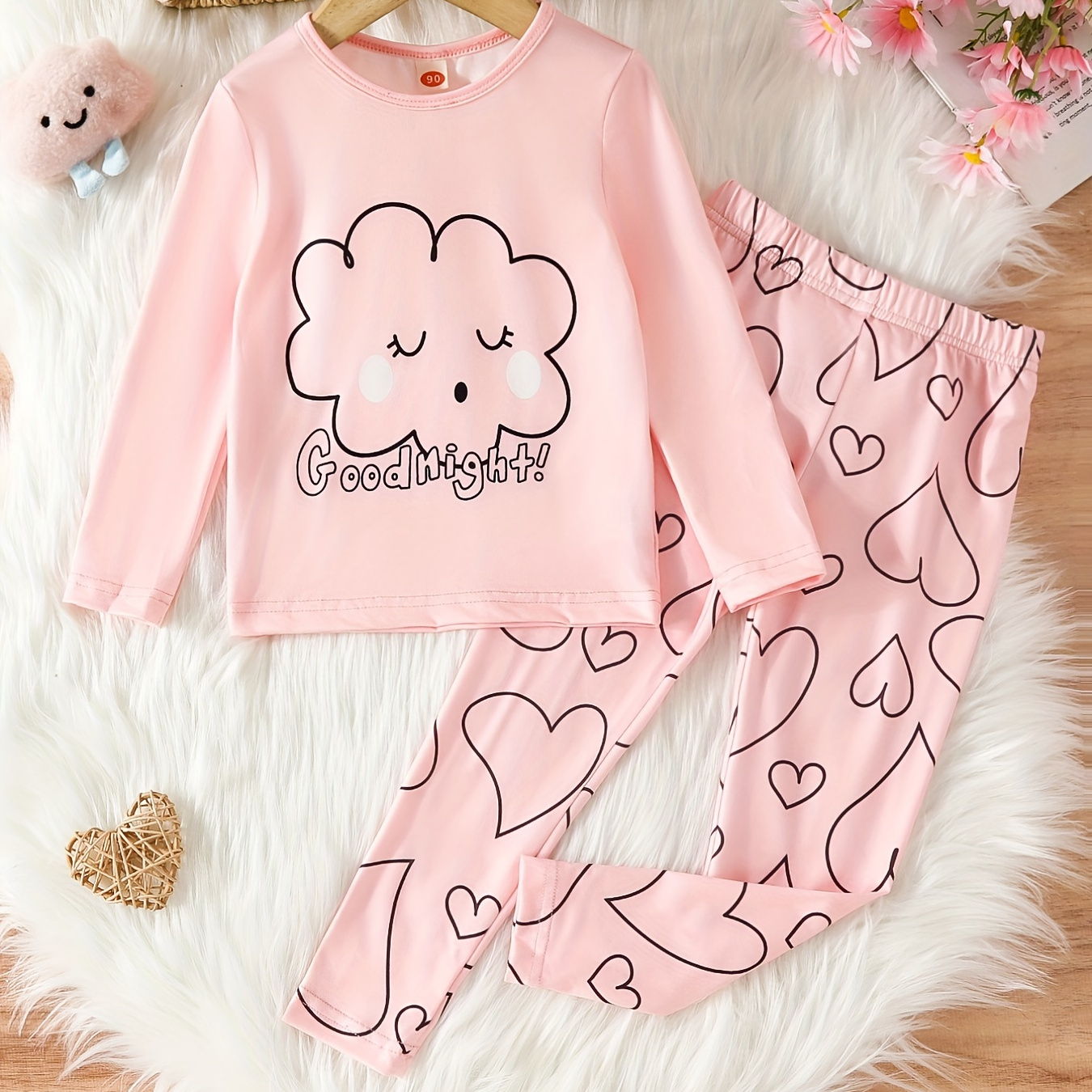 

2pcs Kid's Cloud Pattern Pajamas, Long Sleeve Top & Pants Set, Good Night Print Comfy Casual Pj Set, Girl's Loungewear