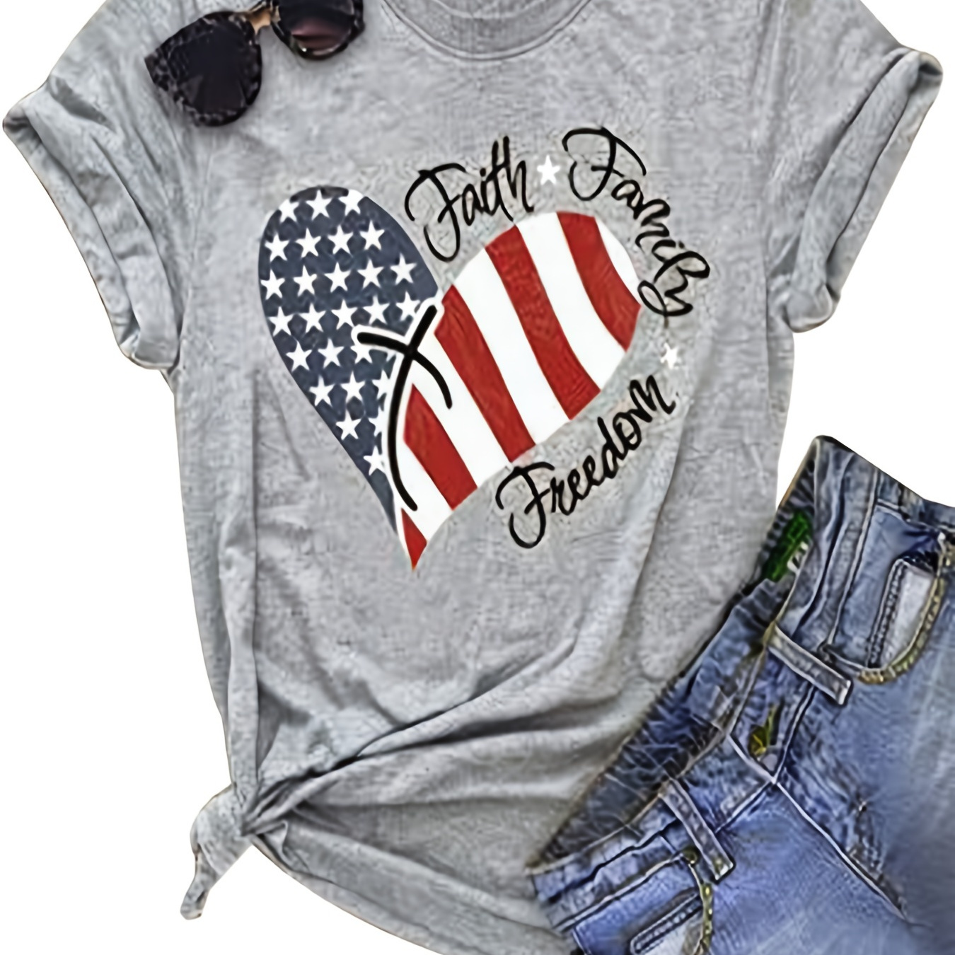 

Flag Heart & Letter Print T-shirt, Casual Crew Neck Short Sleeve T-shirt For Spring & Summer, Women's Clothing