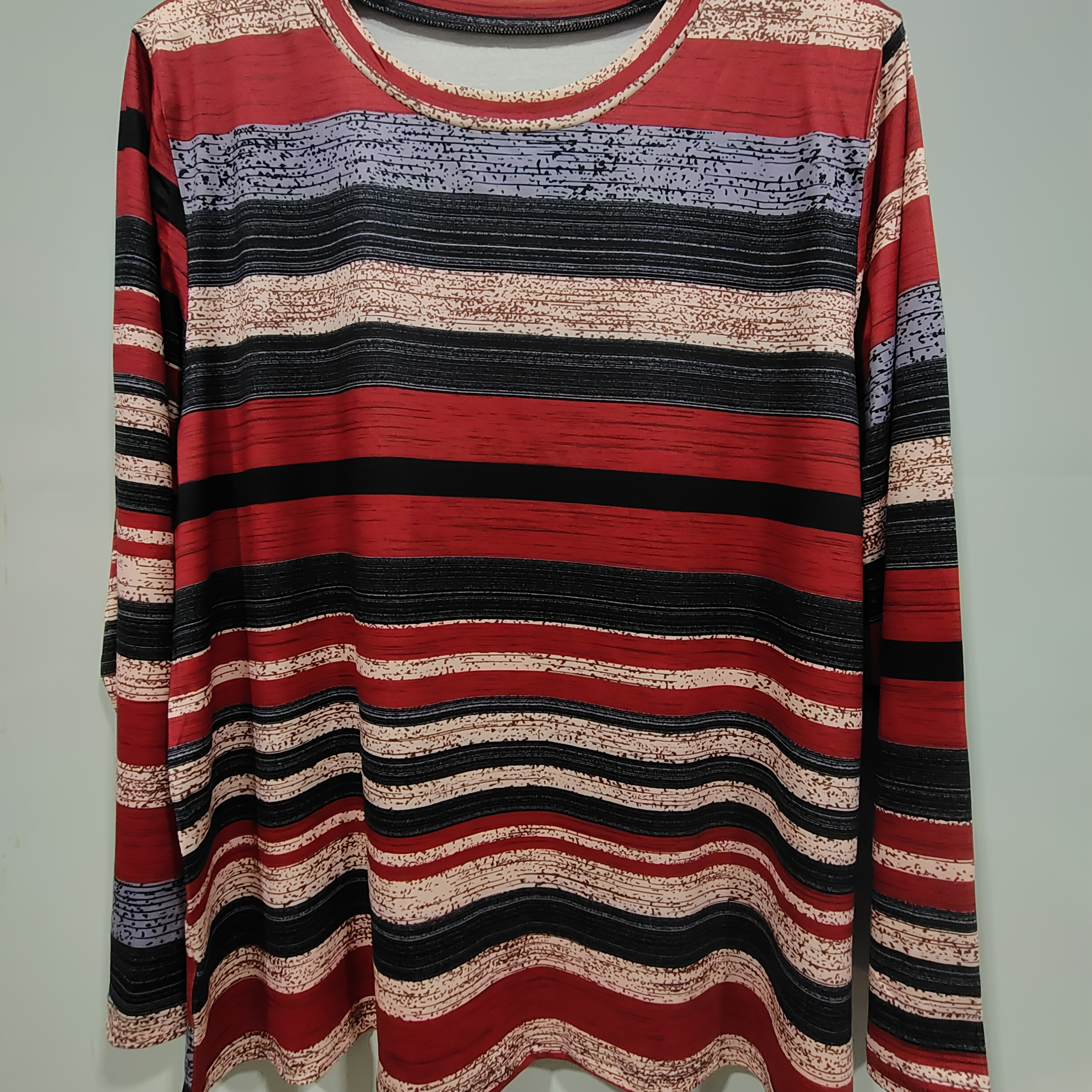 

Women's Elegant Oversized Striped Print T-shirt, Long Sleeve Crew Neck Knit Top, Slight Stretch Polyester Spandex , Spring/fall Pullovers - 170g/m²