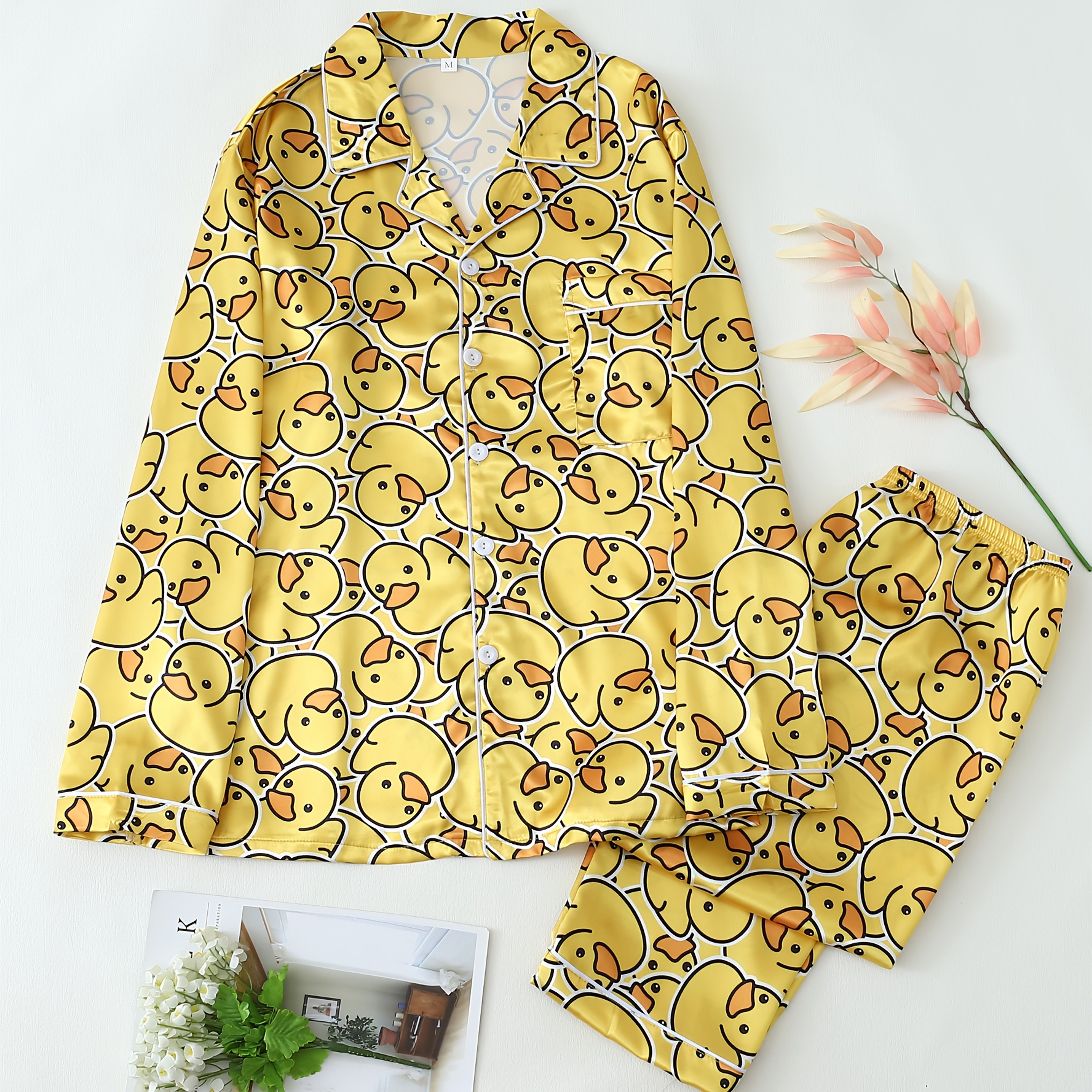 

Men's Cozy Cartoon Duck Print Pajama Set - Long Sleeve, Button- & Pants, Soft Polyester , Machine Washable - Spring/summer/fall