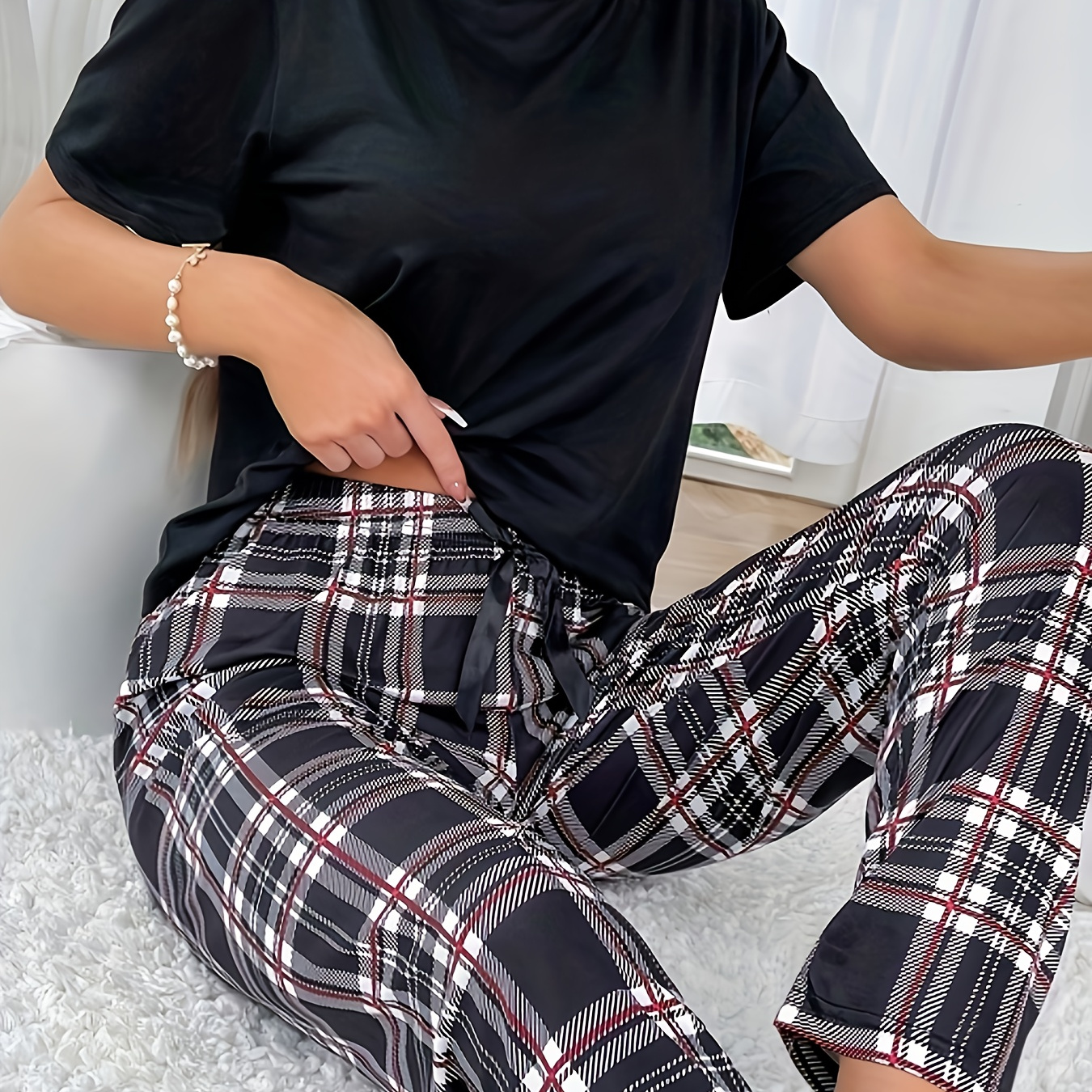 

Solid Pajama Set, Cozy Short Sleeve Round Neck Top & Plaid Pants, Women's Sleepwear & Loungewear