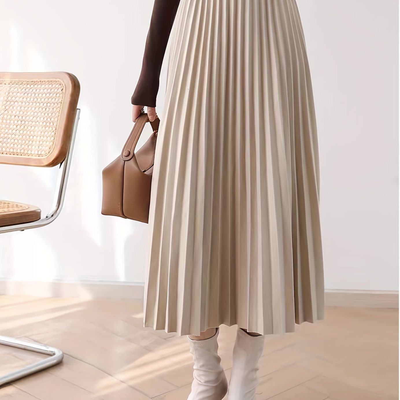 

Elegant Solid Color Pleated Midi Skirt, Polyester Viscose , Loose Fit, Fall/winter Season, No Belt, 216g/㎡ Fabric Weight, A-contour, Woven Weaving Method