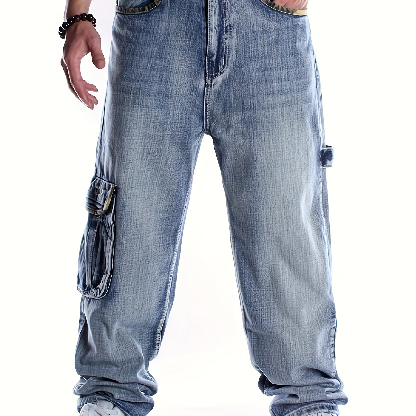 

Round Neck Men's Multi Pocket Jeans Street Dance Skateboard Loose Plus Size Hip Hop Street Dance Jeans Fashion Daily Wear Straight Leg Pants