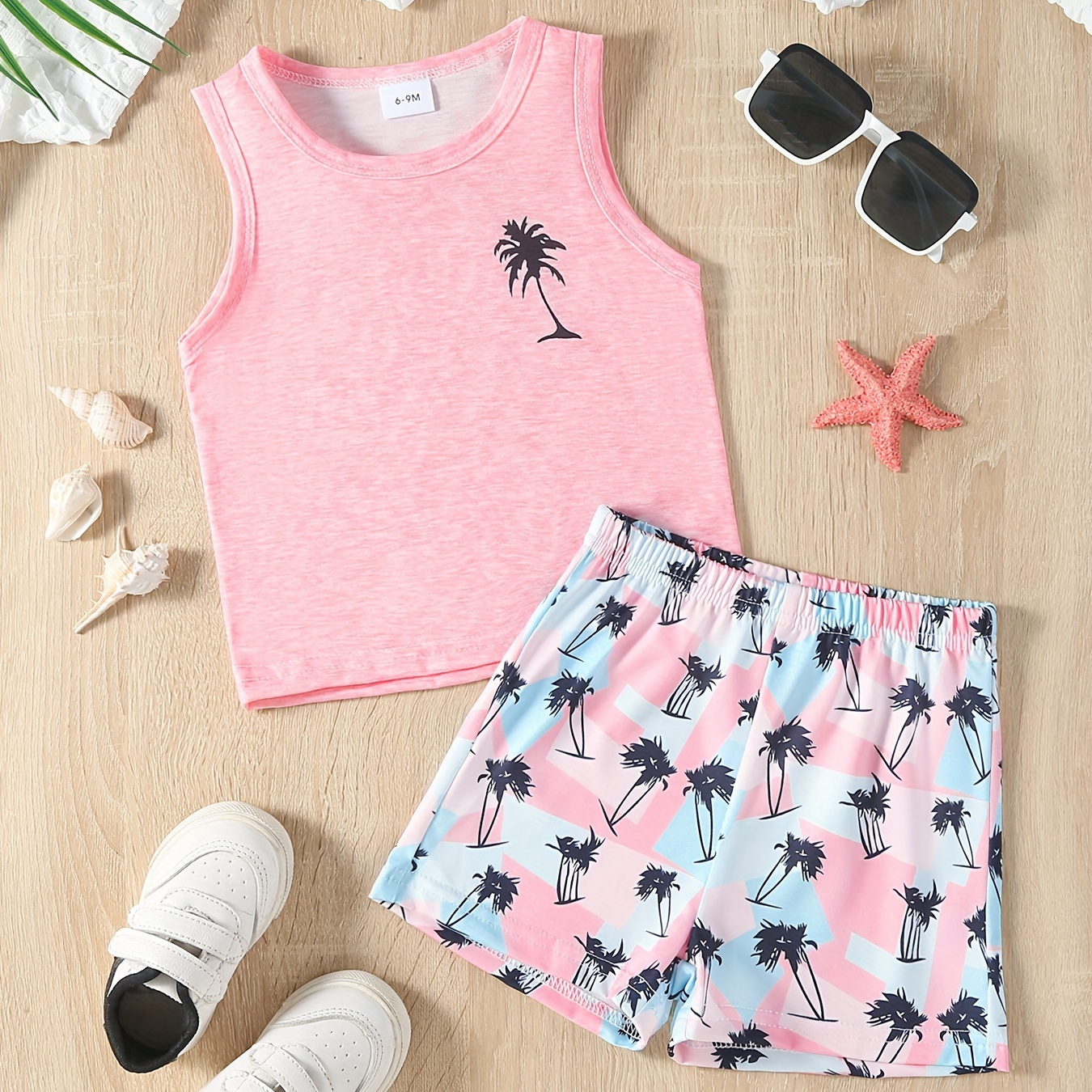 

2pcs Baby's Coconut Tree Print Summer Set, Tank Top & Geometric Pattern Shorts, Baby Boy's Clothing