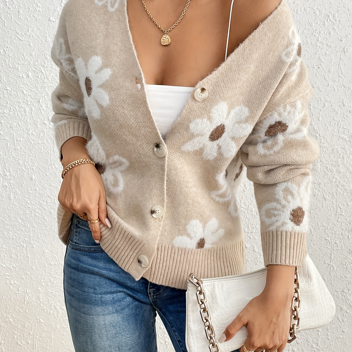 

Floral Pattern Button Down Knit Cardigan, Elegant Long Sleeve Sweater, Women's Clothing