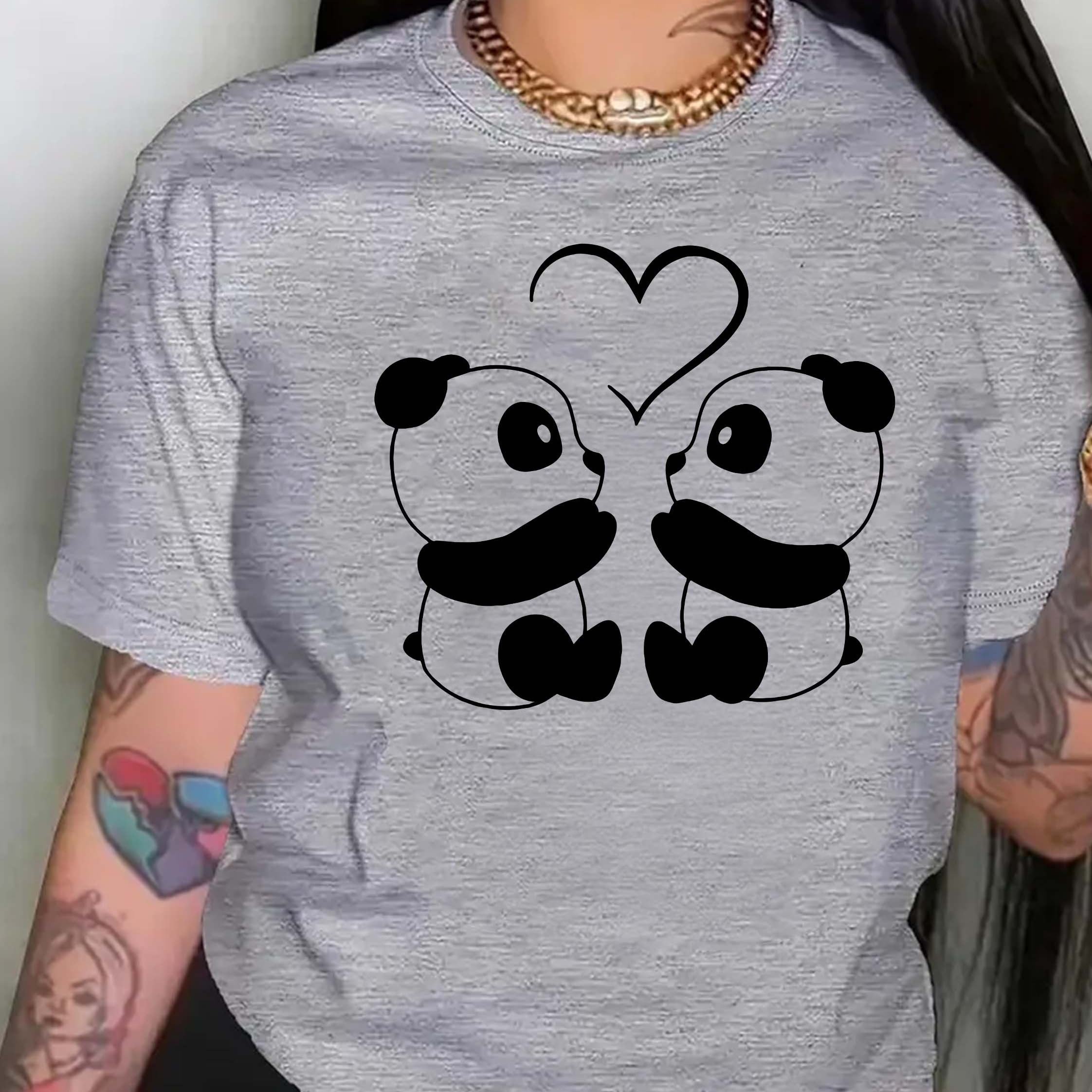 

Women's Cartoon Panda Print T-shirt, Casual Short Sleeve Round Neck Top, Polyester , Regular Fit, All , Fashion Tee For Ladies