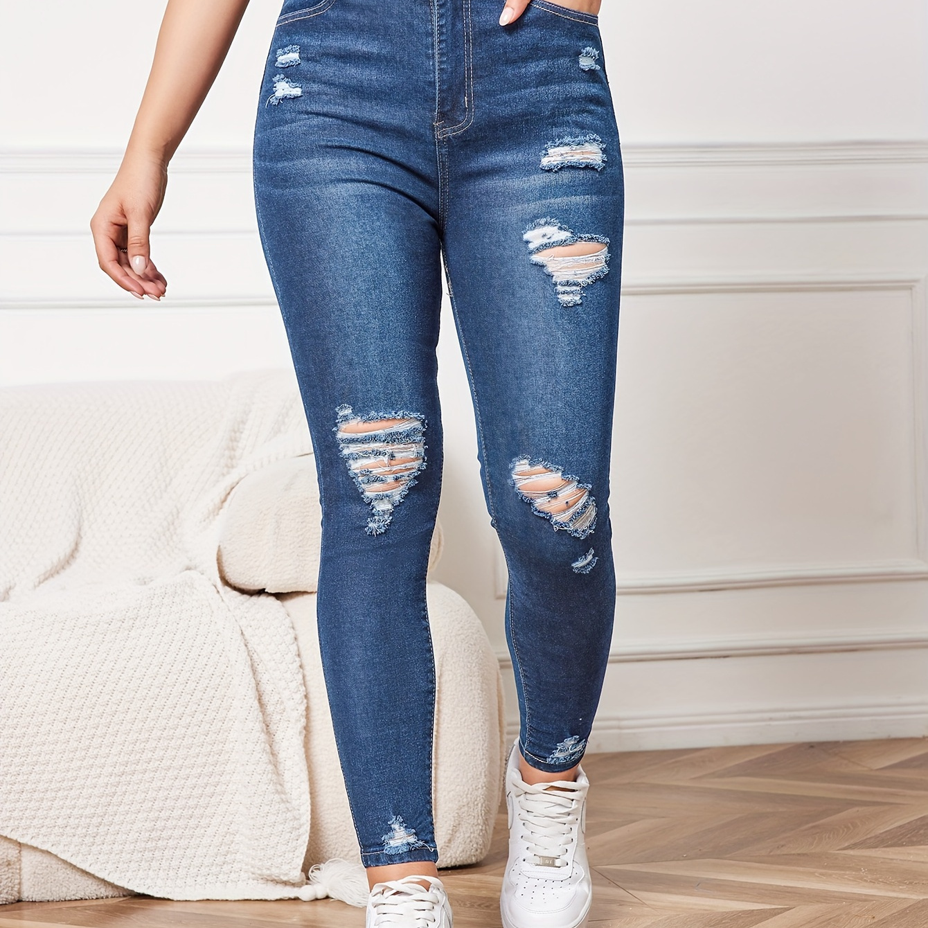 

Women's Fashion High-waist Skinny Jeans, Casual Style, Ripped Denim, Stretch Fit, Full Length Pants