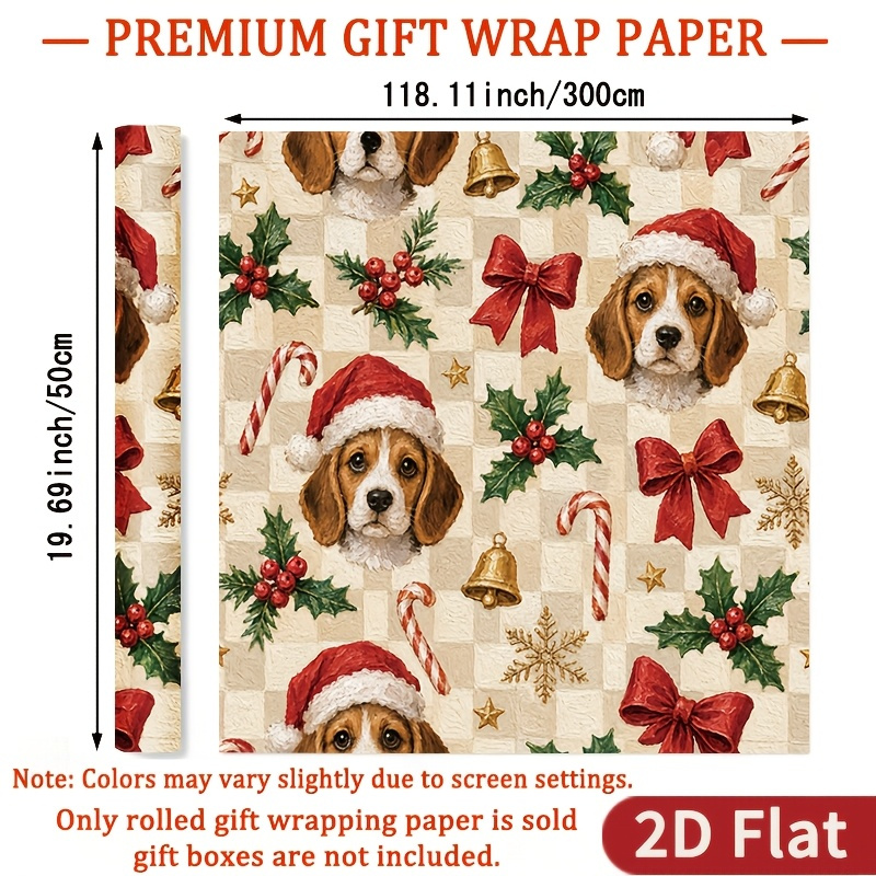 TEMU 1 Rouleau de de Noël 2D Plat Beagle, Papier d'Emballage à Haut Brillant - Fond à Carreaux Beiges avec un Beagle Portant un Bonnet de Père Noël,
