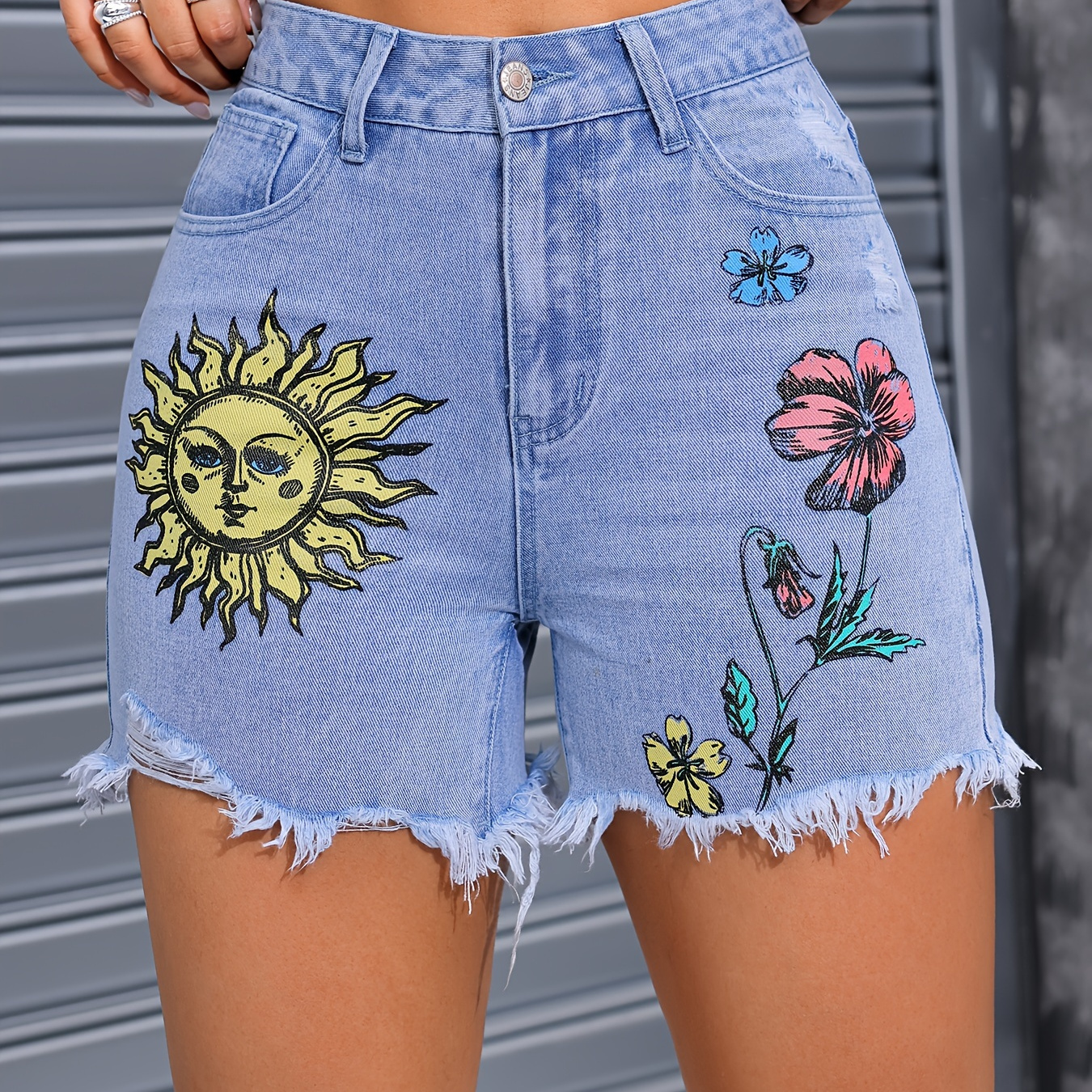 

Sun & Floral Print Washed Denim Shorts, Raw Hem Slash Pockets Short Denim Pants, Women's Denim Jeans & Clothing