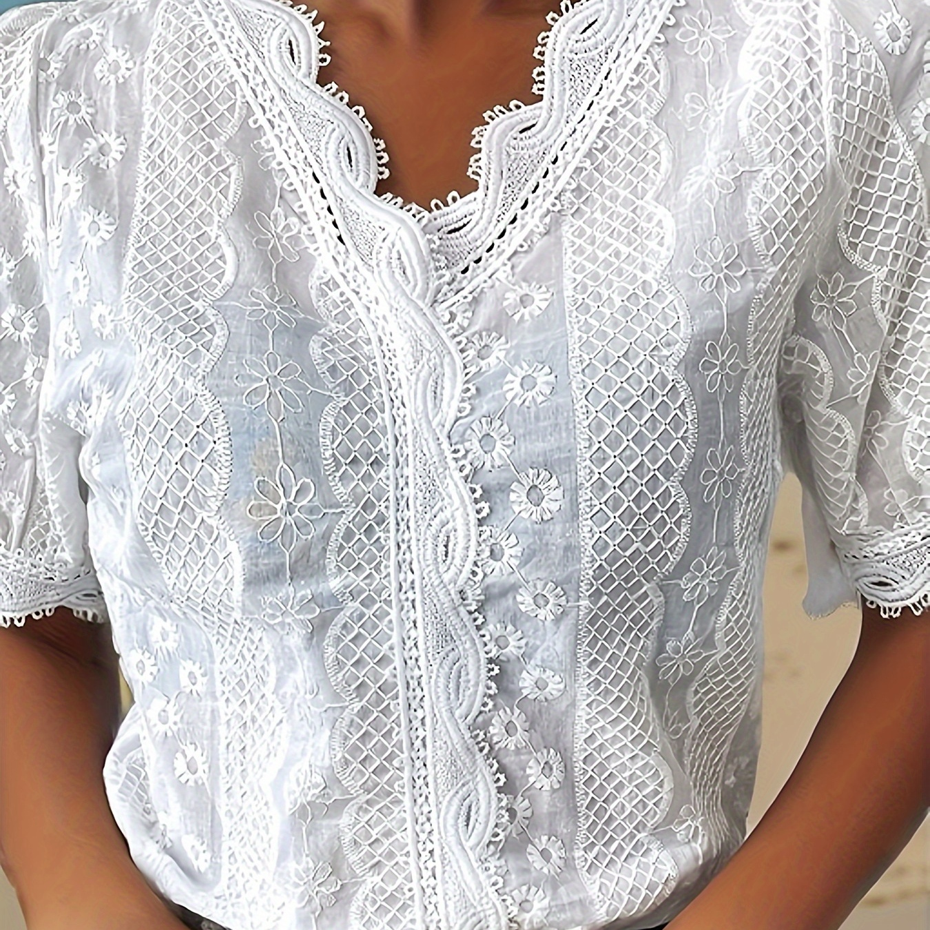 

Contrast Lace V Neck Blouse, Elegant Short Sleeve Blouse For Spring & Summer, Women's Clothing