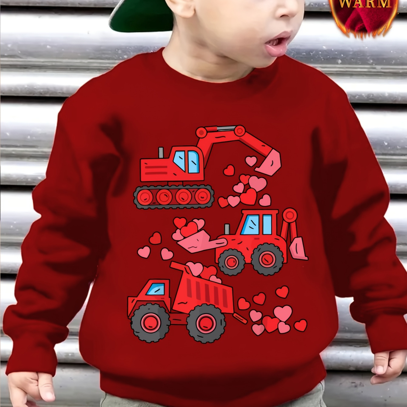 

Chicfull Boys' Valentine's Day Cozy Fleece-lined Sweatshirt With Cartoon Excavator & Hearts Print - Warm, Pullover For Fall/winter, Machine Washable, Red, Cute Sweatshirts, Wy0136, Hoodie