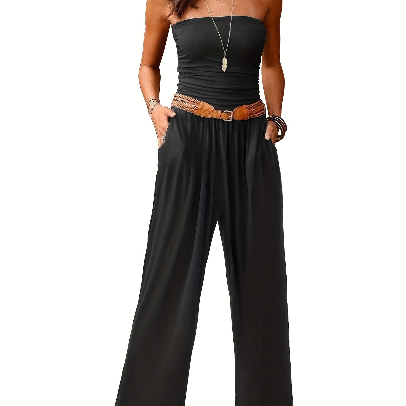 

Chic & Comfortable Stretchy Tube Jumpsuit For Women With Dual Pockets - , Ruched Waist Design, Viscose/elastane/polyester , Machine Washable - Wear