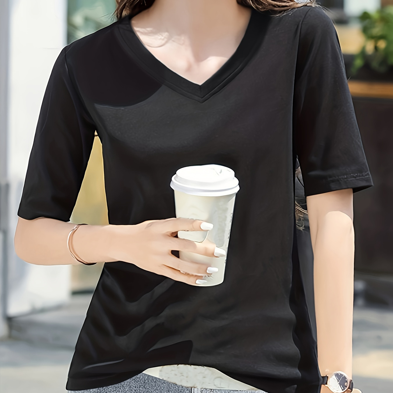 

Solid Color V-neck Simple T-shirt, Versatile Short Sleeve T-shirt For Spring & Summer, Women's Clothing