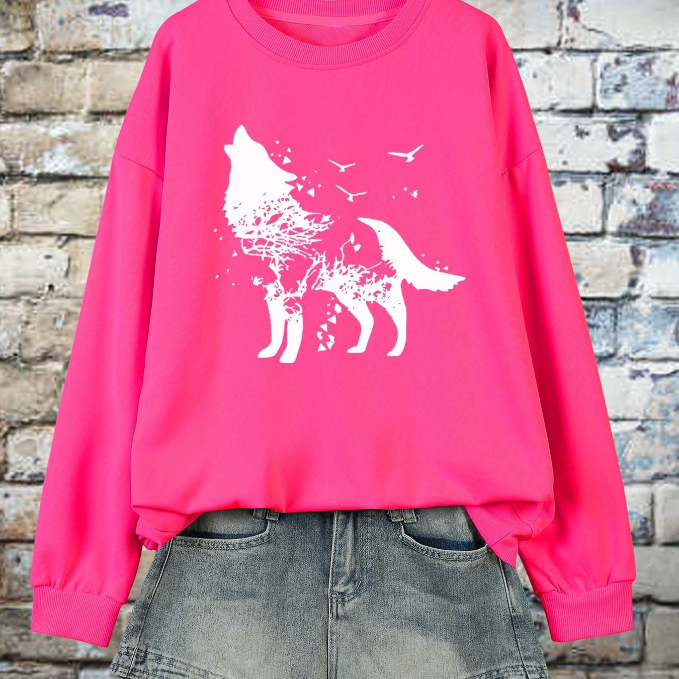 

Plus Size Seagull & Wolf Print Sweatshirt, Casual Long Sleeve Crew Neck Pullover Sweatshirt, Women's Plus Size Clothing