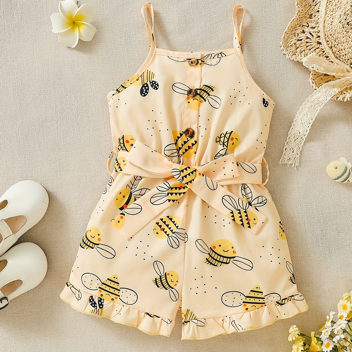 

Baby's Lovely Bee Pattern Sleeveless Bodysuit, Casual Ruffle Trim Romper, Toddler & Infant Girl's Onesie For Summer, As Gift