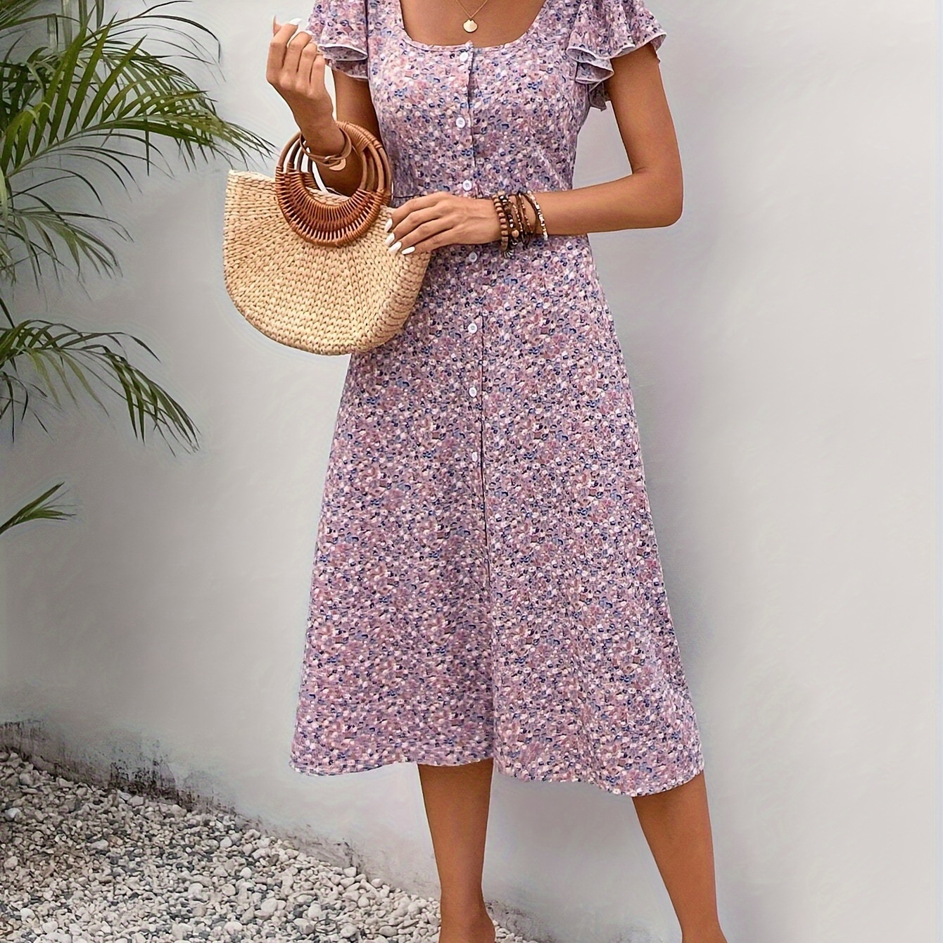 

Floral Print Button Front Dress, Elegant Square Neck Flare Sleeve Midi Dress For Spring & Summer, Women's Clothing