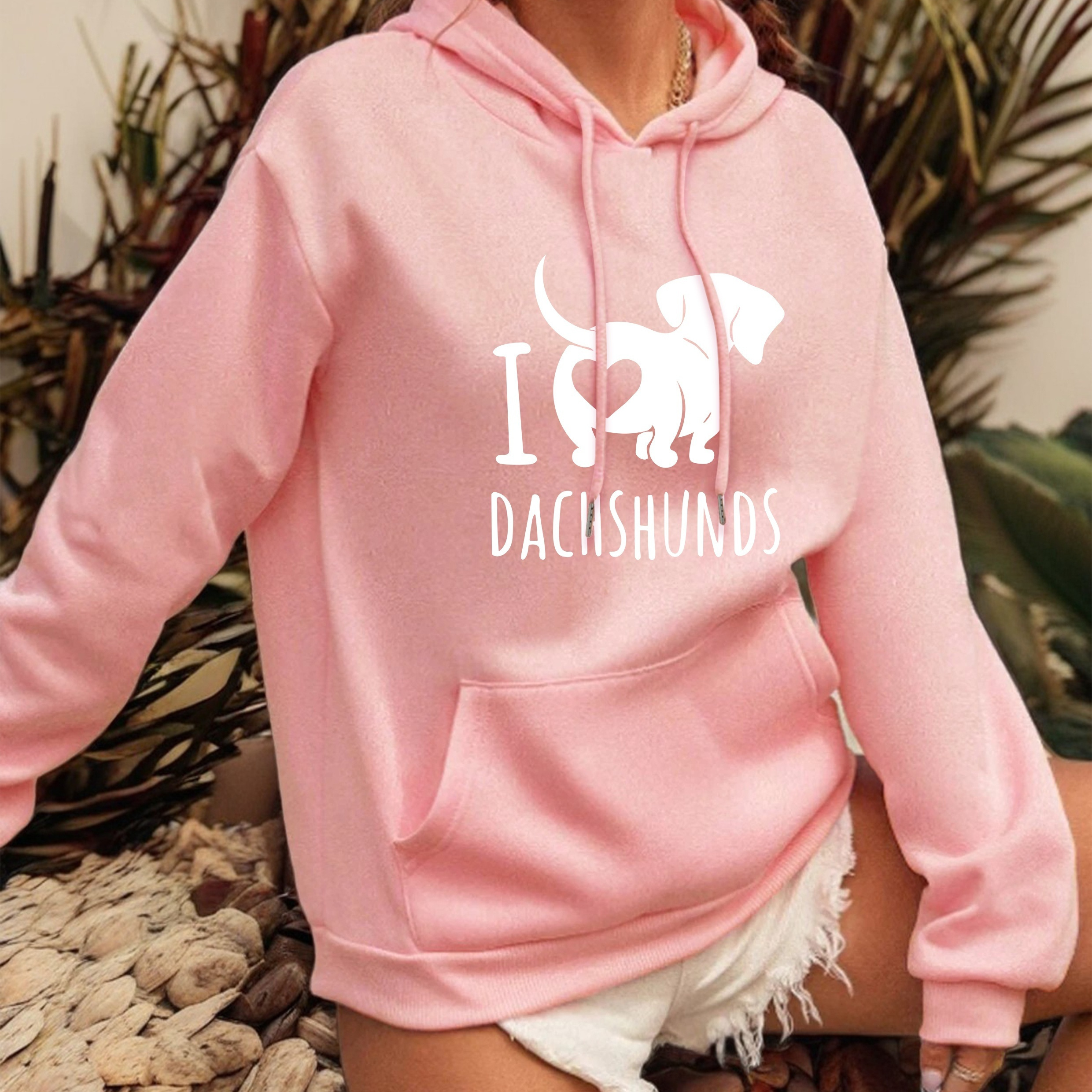 

Women's Casual Long Sleeve Hooded Sweatshirt With Kangaroo Pocket, 100% Polyester Knit Fabric, Dachshund Dog Print Pullover Hoodie, Animal Pattern Regular Fit Fall/winter Hoodie