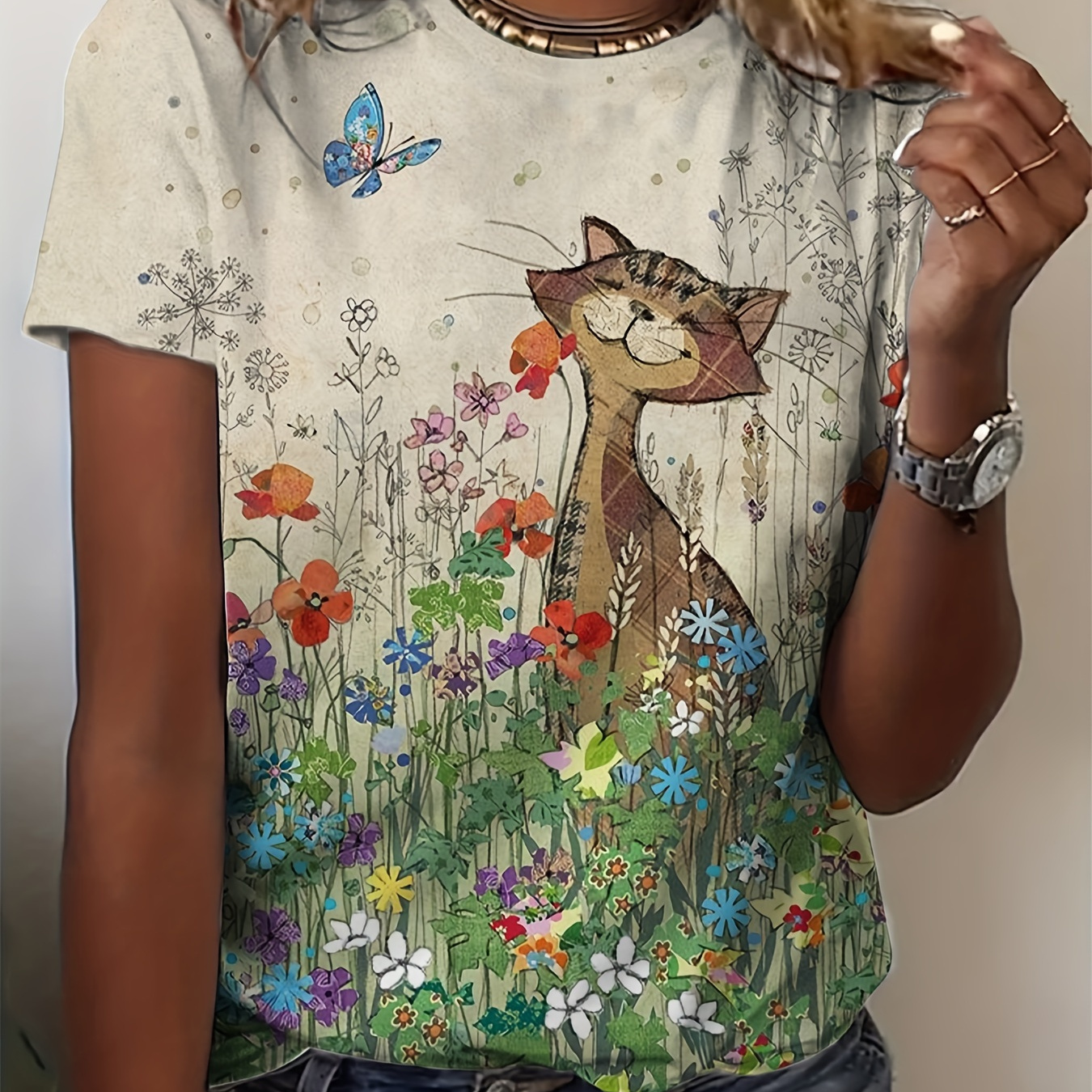 

Plus Size Cartoon Cat Print T-shirt, Casual Crew Neck Short Sleeve T-shirt, Women's Plus Size clothing
