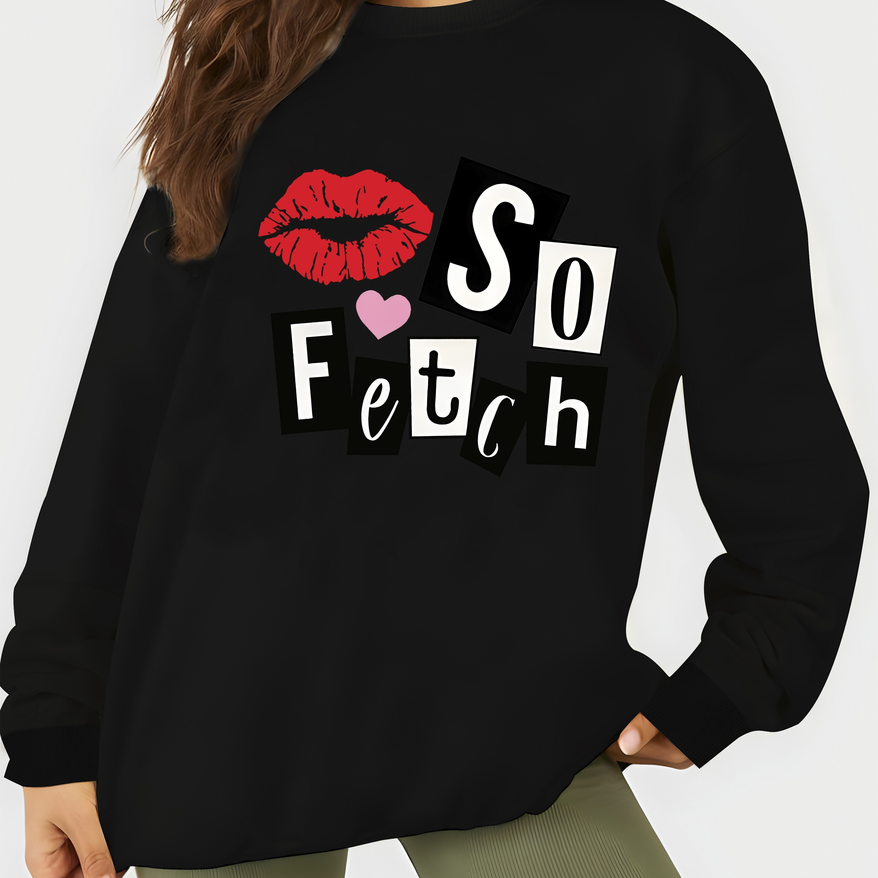 

Women's Casual Crew Neck Sweatshirt With & "so " Graphic, 100% Polyester Long Sleeve Pullover, Geometric Pattern Knit Fabric - All Season Fashion Top